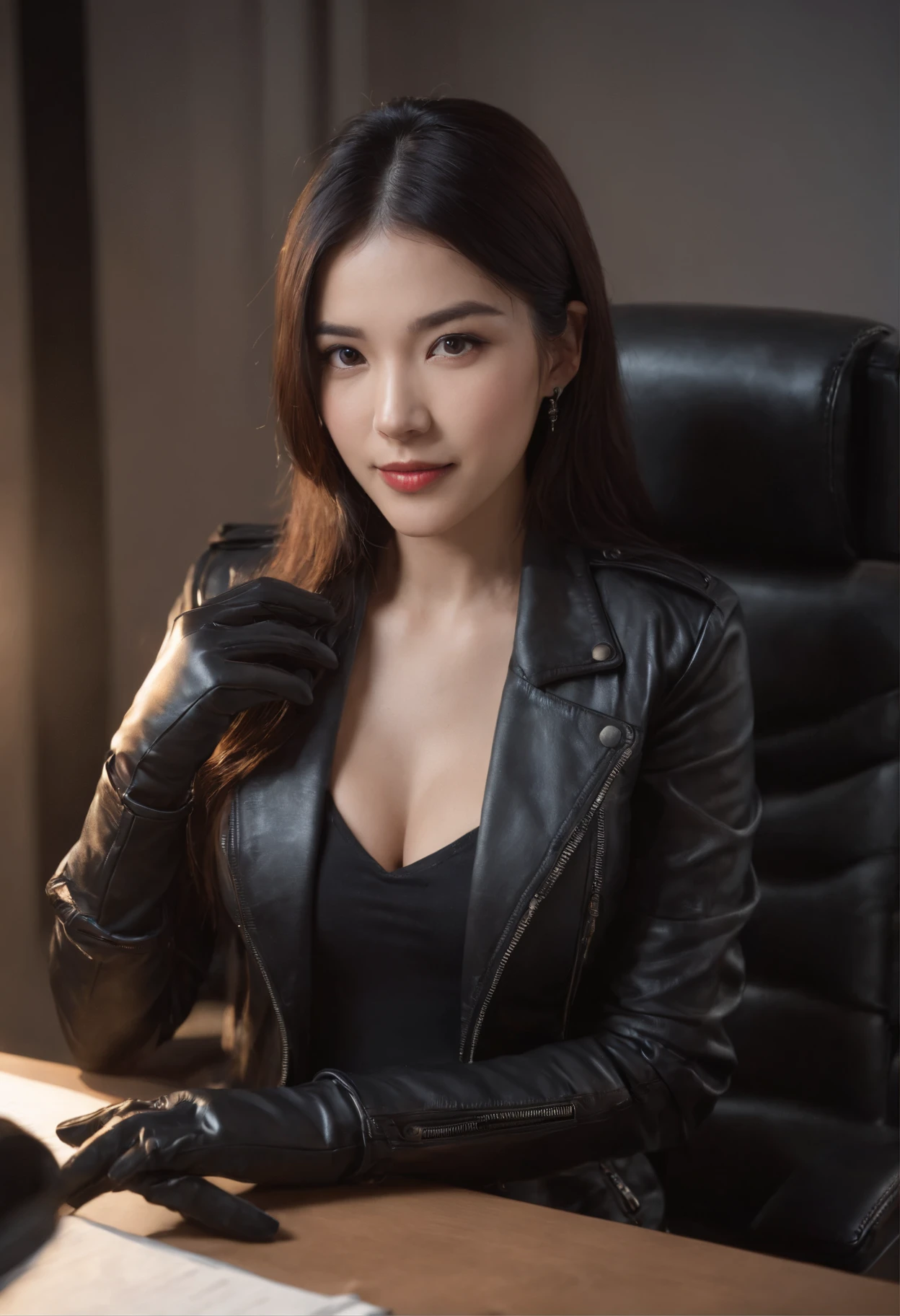 Wear black leather gloves on both hands, Upper body, Black leather rider jacket, Necklace on the chest, Smiling at desk in a modern study in the dark, black long straight hair, Young Japanese woman (Black leather gloves cover hands) Fingers with black leather gloves, Sit in a leather chair, Work on a computer, Staring at the screen,huge tit,Crisp chest half exposed