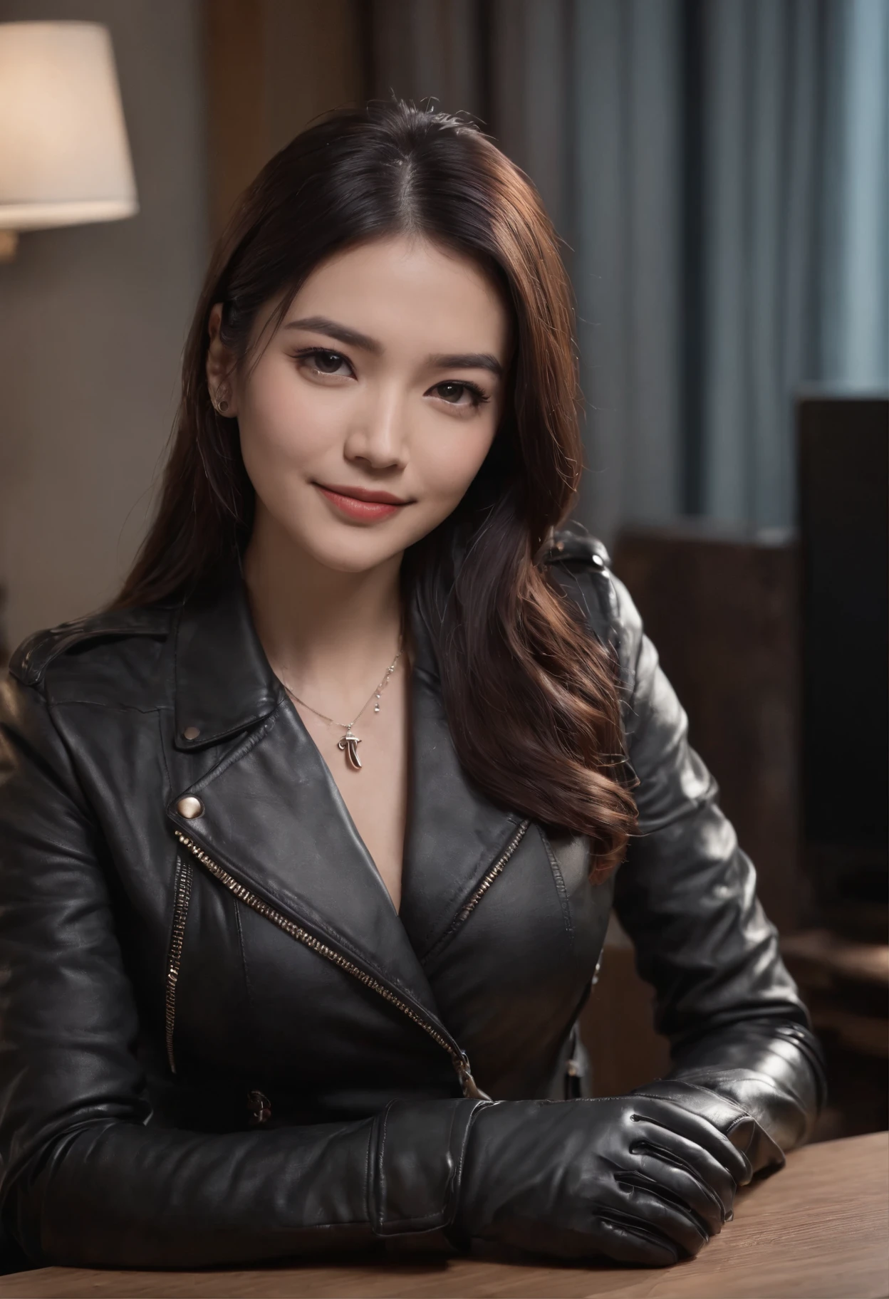 Wear black leather gloves on both hands, Upper body, Black leather rider jacket, Necklace on the chest, Smiling at desk in a modern study in the dark, black long straight hair, Young Japanese woman (Black leather gloves cover hands) Fingers with black leather gloves, Sit in a leather chair, Work on a computer, Staring at the screen,huge tit,Crisp chest half exposed