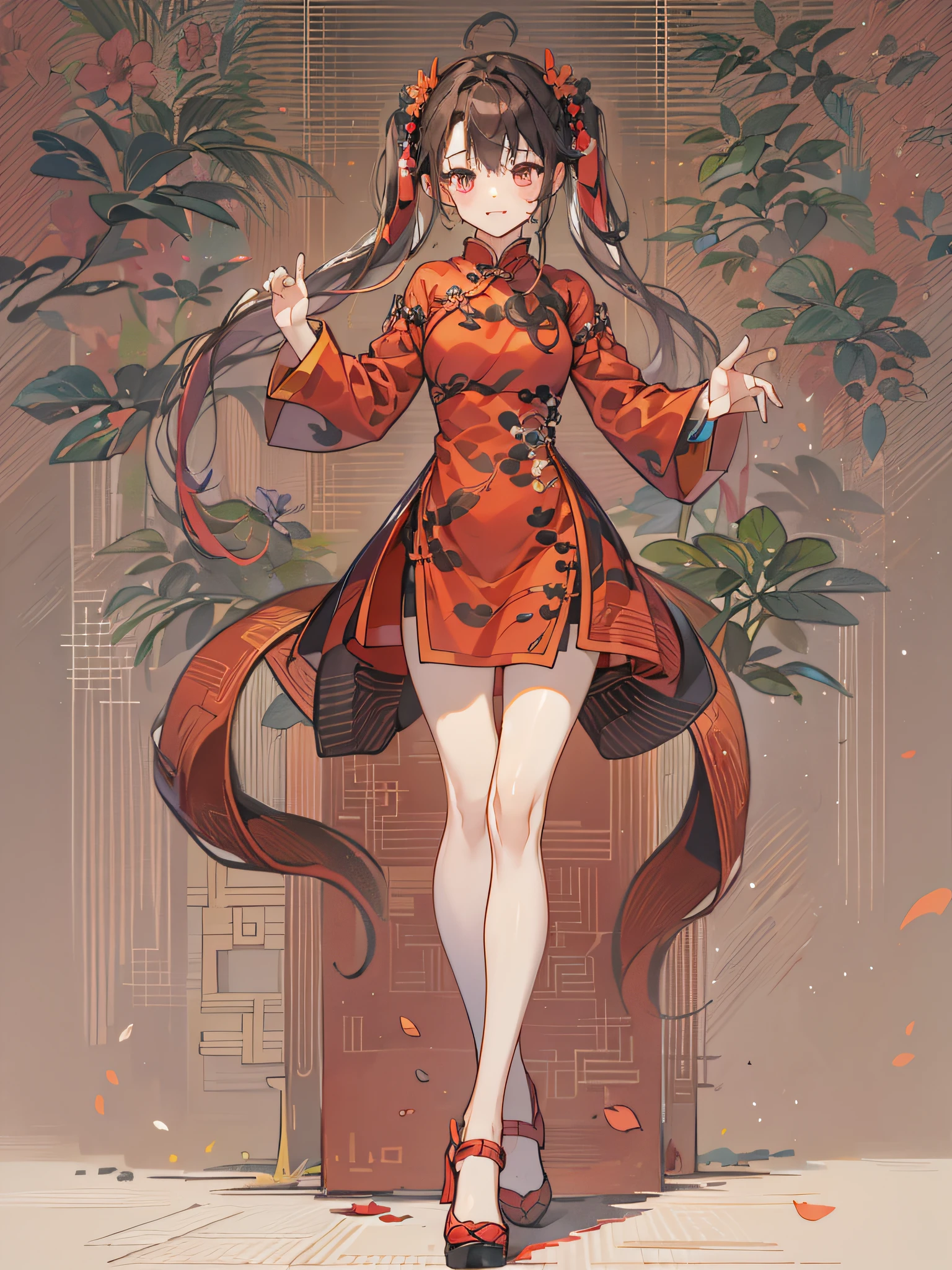 a girl, full body, twin tail hair, dark red color qipao short dress