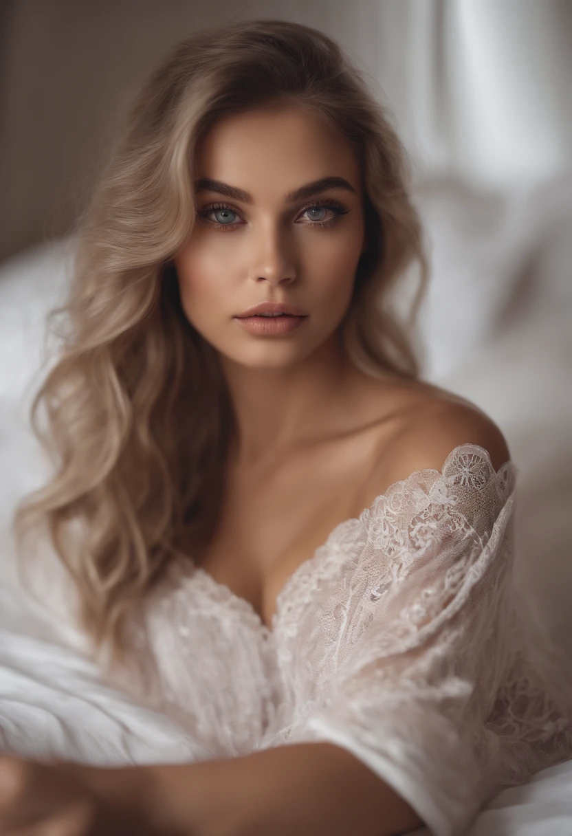 Mujer joven y sexy, cabello largo rubio, Acostado en la cama, cabello recogido, with a half-transparent white robe, Retrato suave disparado 8K, 8k sensual lighting, realistic soft lighting, Piel lisa y rosada, Fotorrealismo 8K