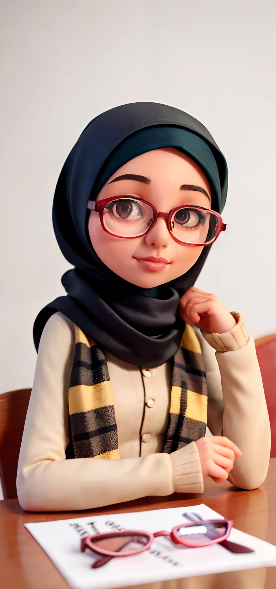 a girl wearing glasses and a pink scarf poses for a picture, hijab, with square glasses, with glasses, in a hijab, wearing square glasses, eyeglasses, close up potrait, semi realism, with black eyeglasses, with accurate face, wearing eyeglasses, pink glasses, with glasses on, spectacled, wearing thin large round glasses, wearing black frame glasses, high quality portrait, eye glasses