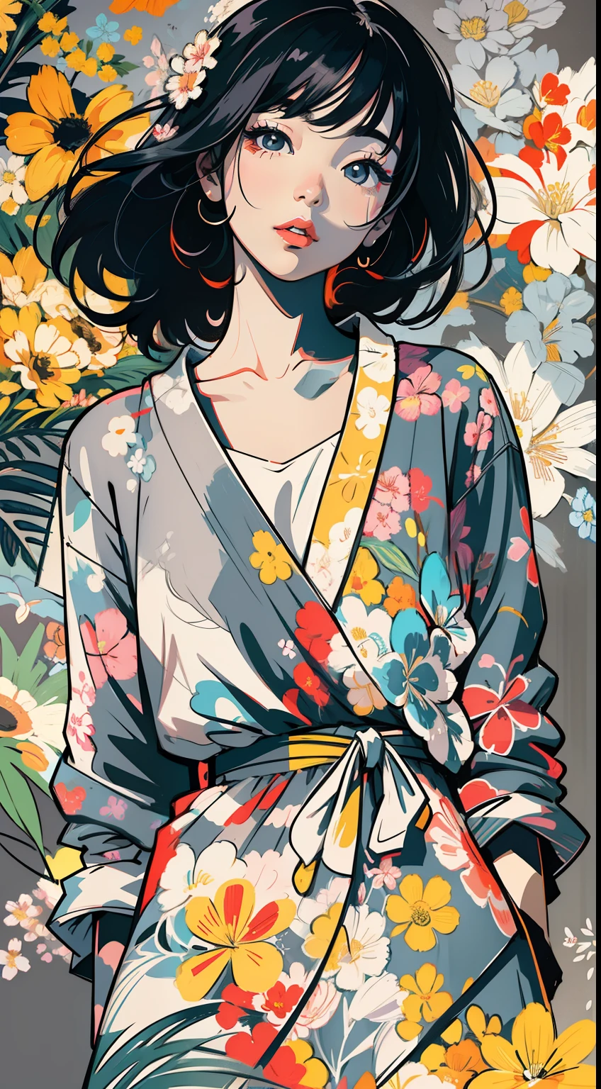 Create digital artwork in pop art, Featuring a bright and confident young asian girl，Street fashion, Movie Color Scheme, Surrounded by vintage floral motifs, Bright brush strokes,Emotions should be dynamic, upper-body, Drawing, illustartion, Grayscale, tropical, lots of flowers,