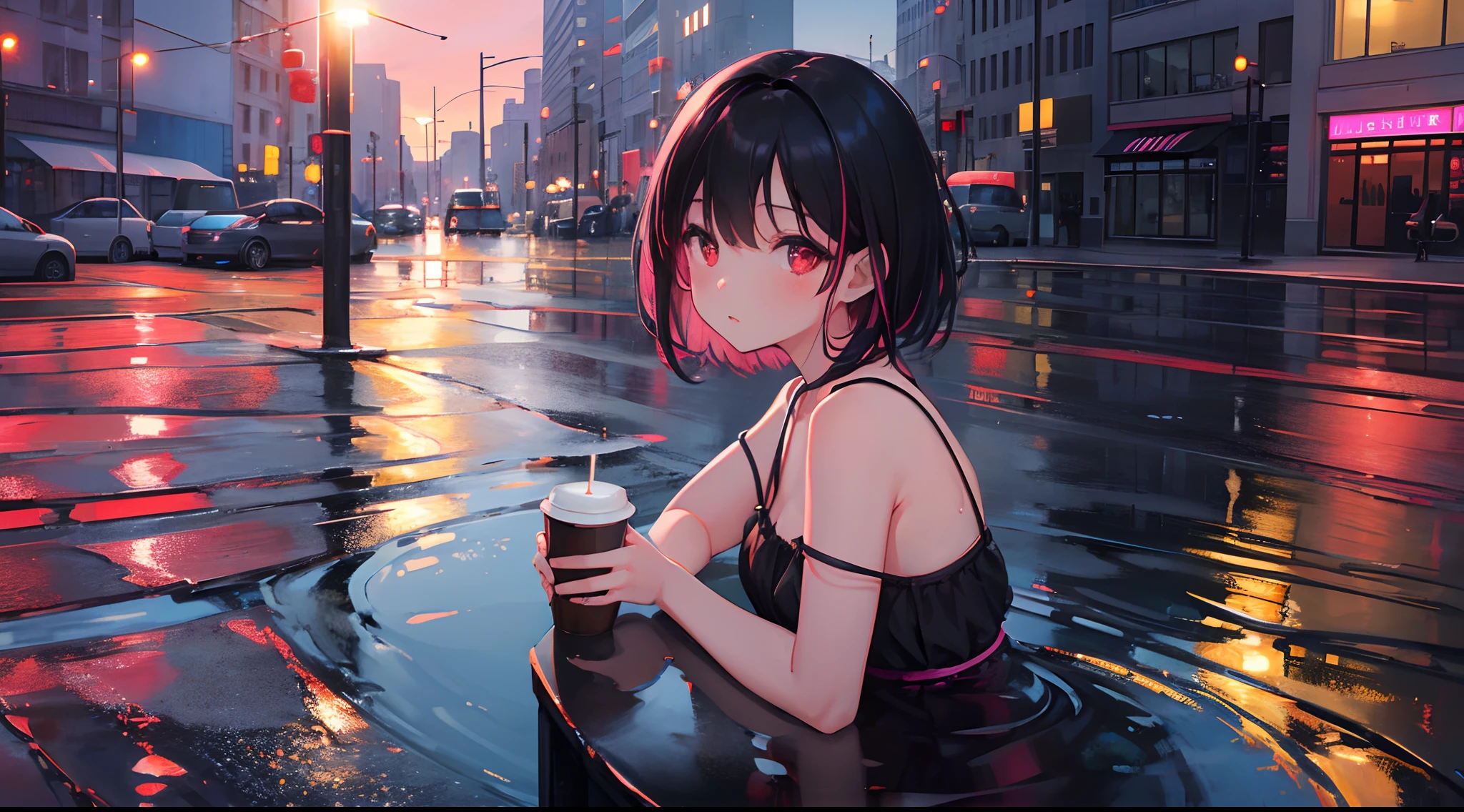 a girl, short black hair, red eyes, black dress, drink, coffee, puddle, submerged, reflection, city, street, dusk, bright pink sky, absurdres, high res, ultrasharp, 8K, masterpiece, photorealistic, scenic, cinematic lighting, closeup face photograph, niji, looking at viewer