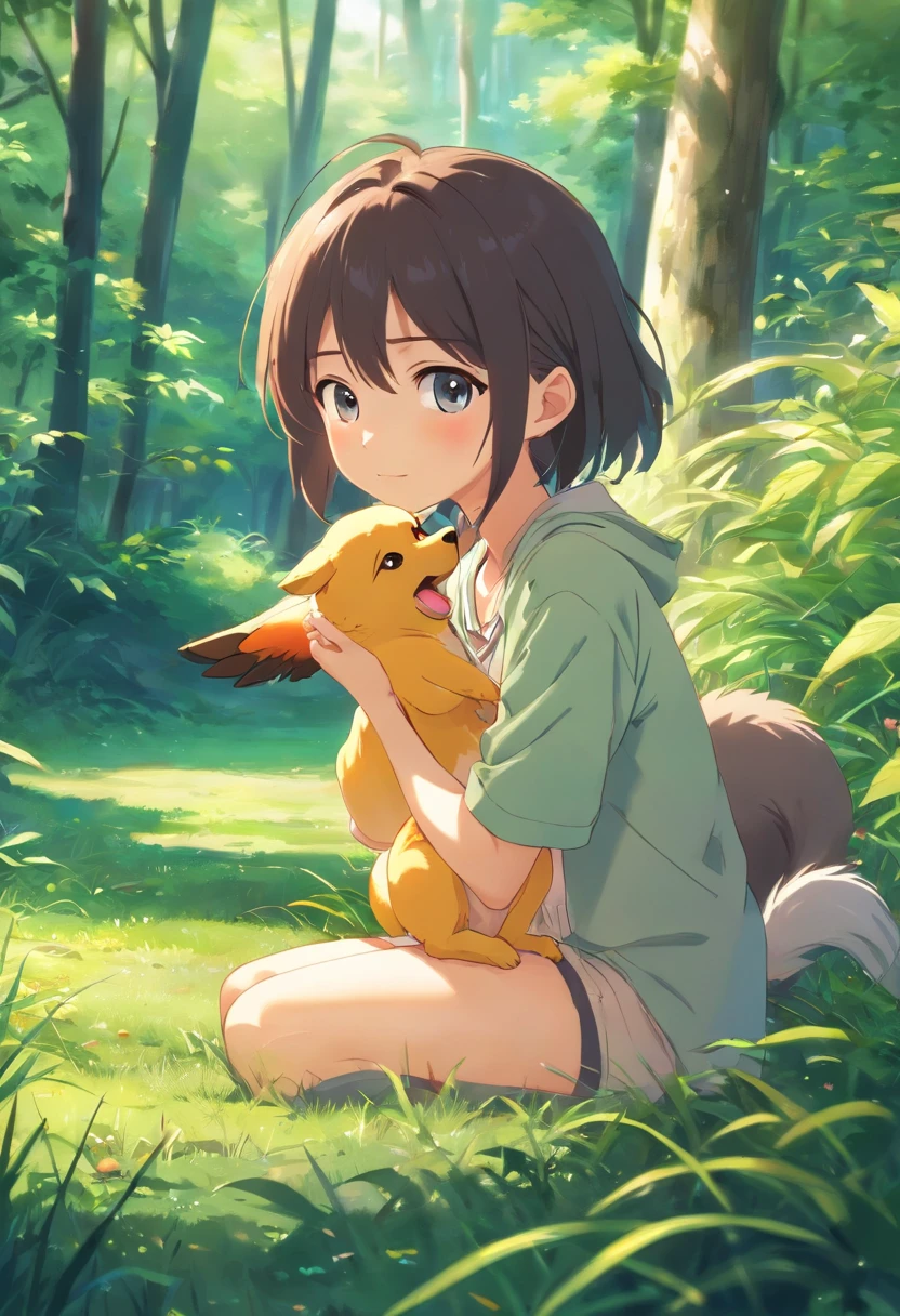 (best quality,Alto:1.2),fotorrealista,anime,princesa,garota,pelada,pequeno,bonitinho,cartoon dog,(Girl bent down holding a small injured bird)nas maosRio Claro,floresta,luz solar,contato visual,nude