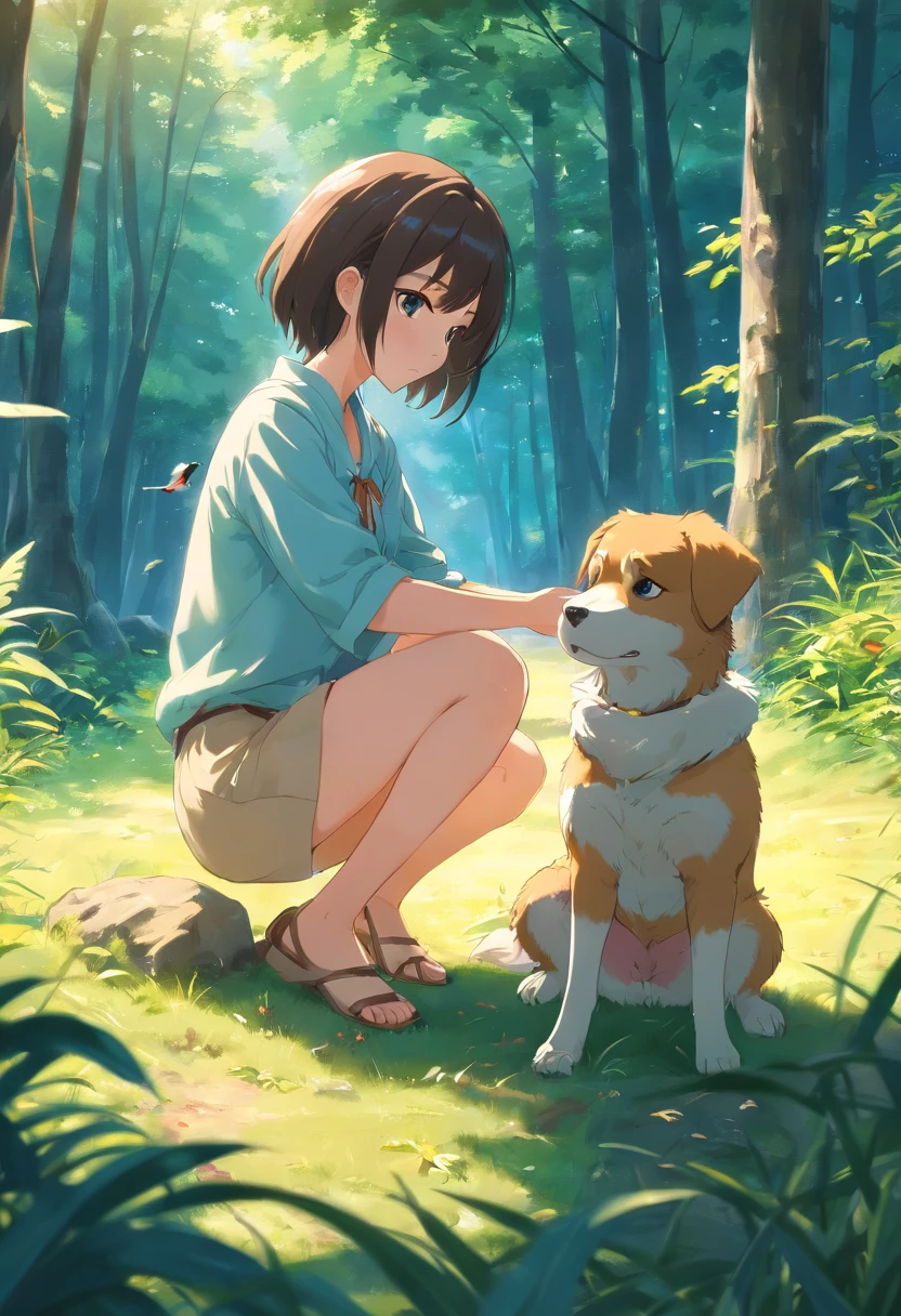 Young woman having her crotch licked by a dog、in the forest((Cunnilingus、Love juice))