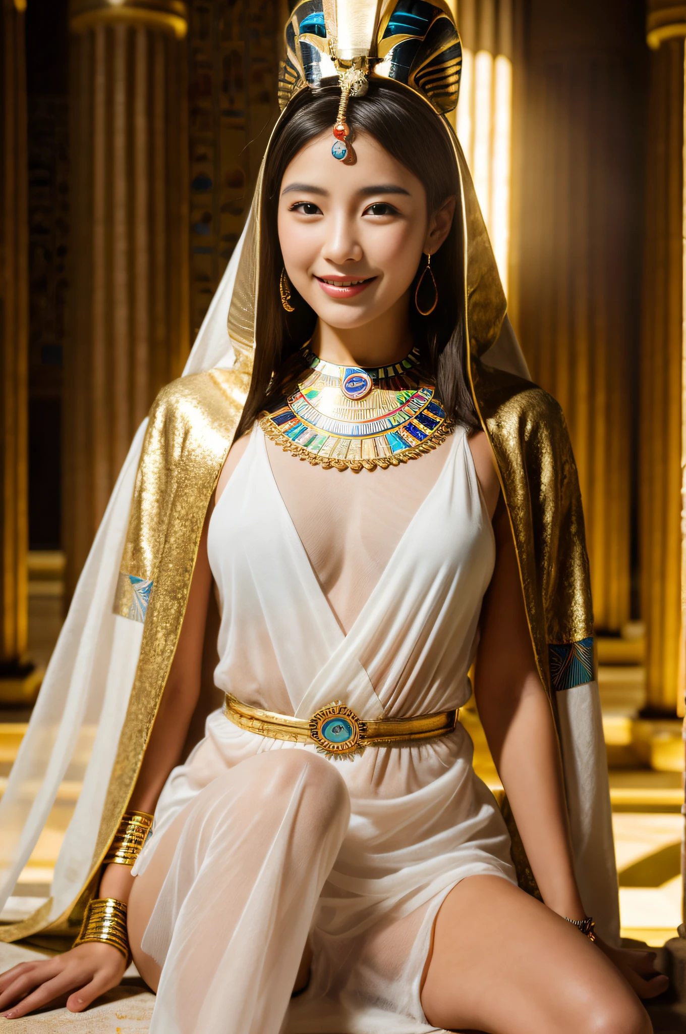 (((ancient egyptian Kalasiris))),(((ancient egyptian queen headpiece))),(((bib necklace))),(((bare inner thigh))),(((bangle))),(((ancient egypt traditional white sheer fabric cape))),ulzzang-6500-v1.1, (Raw photo:1.2), (Photo realistic:1.4), a beautiful detailed girl, extremely detailed eye and face, beautiful detailed eyes, ultra-detailed, High resolution, top-quality, ​masterpiece, highly detailed, 8k wallpaper, Wonderful, finely detail, top-quality, Light on the face,电影灯光,1girl in,(ancient egypt pyramids and sphinx),Beautiful eyes,smile,Opening Mouth