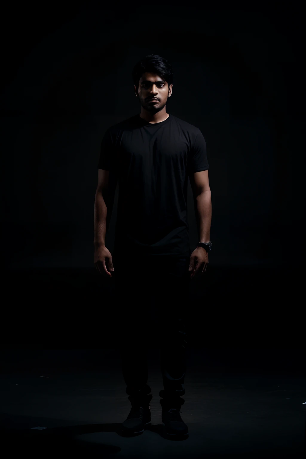 A 25 year old Indian man, standing with eyes wide open looking at the viewer, wearing black shirt, mood lighting, dark background, black background, hyper realistic photo, cinematic photo, 8k render, wide shot, (((full body shot))), shocked expression