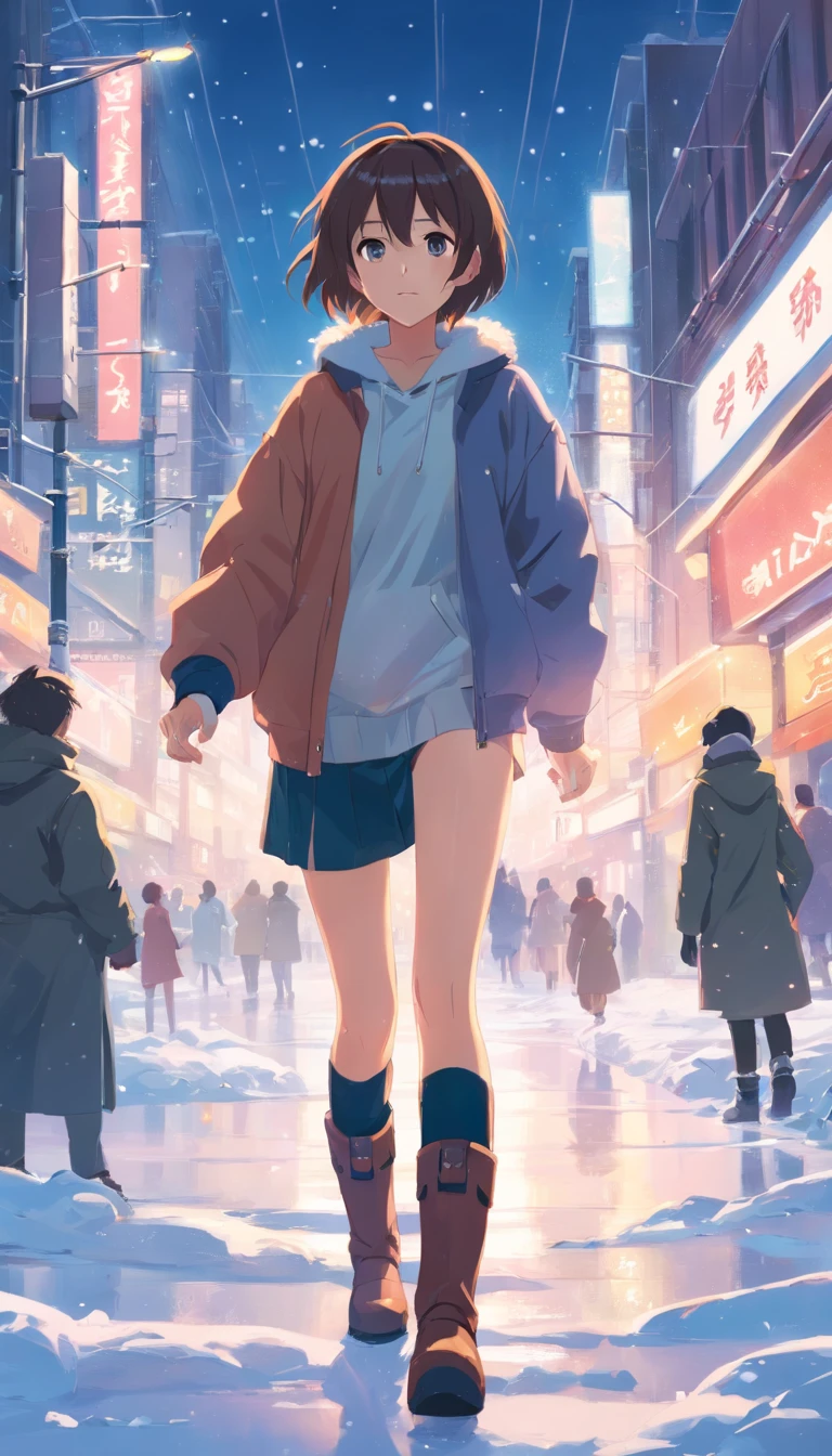 best qualtiy, tmasterpiece, 超高分辨率, realisticlying, 1 girl, White velvet cap,Fleece sweatshirt,Thick leg socks,tigh-high boots,Snow in winter,The city is full of traffic,wide angles