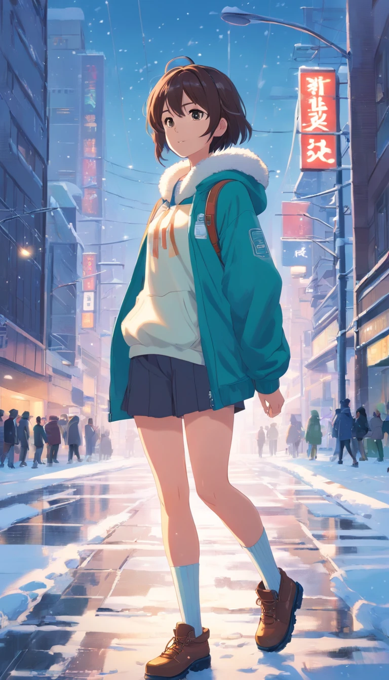 best qualtiy, tmasterpiece, 超高分辨率, realisticlying, 1 girl, White velvet cap,Fleece sweatshirt,Thick leg socks,tigh-high boots,Snow in winter,The city is full of traffic,wide angles