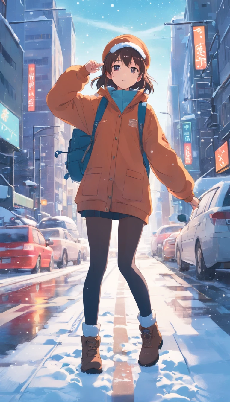 best qualtiy, tmasterpiece, 超高分辨率, realisticlying, 1 girl, White velvet cap,Fleece sweatshirt,Thick leg socks,tigh-high boots,Snow in winter,The city is full of traffic,wide angles