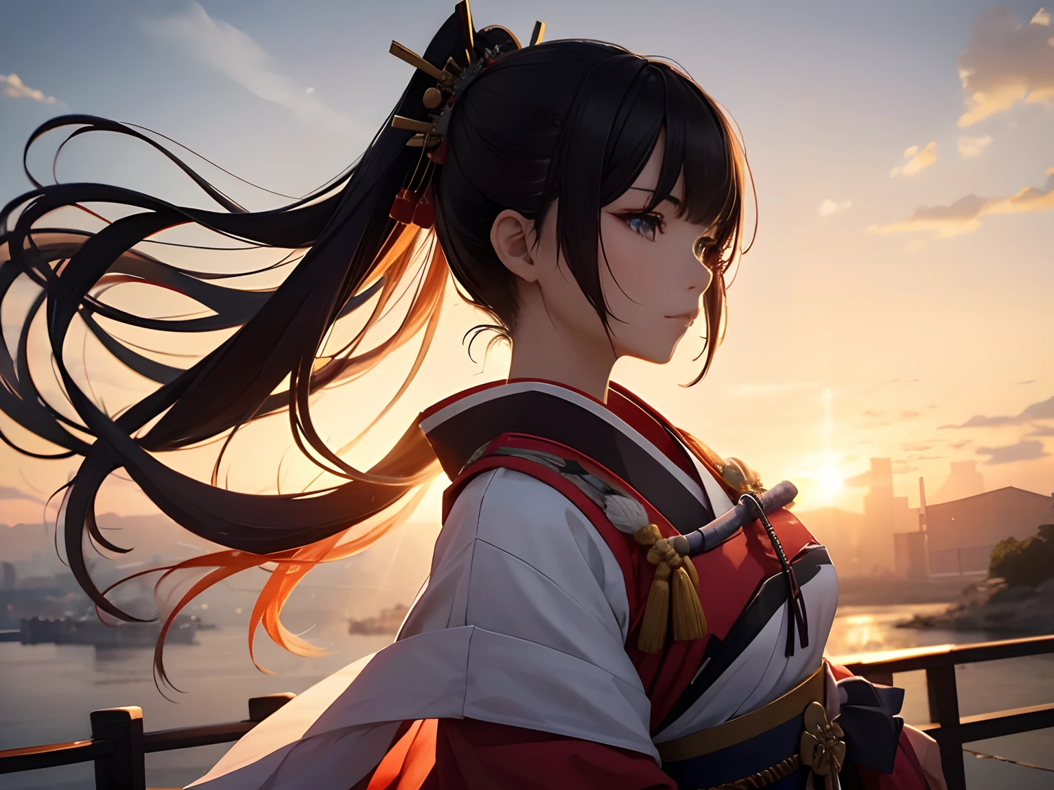 RAW，tmasterpiece，Super fine photo of a female samurai，best qualtiy，超高分辨率，Photoreality，rays of sunshine，full-body portraits，stunningly beautiful，，dynamicposes，delicated face，vibrant eyes，（seen from the side），She wore a samurai uniform，very highly detailed b...