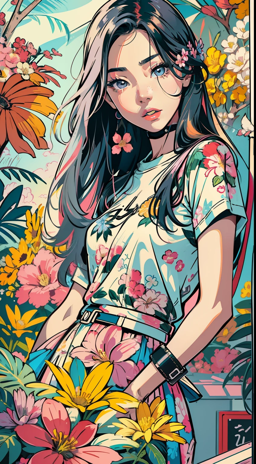 Create digital artwork in pop art, Featuring a bright and confident young asian girl,Street fashion, Movie Color Scheme, Surrounded by vintage floral motifs, Bright brush strokes,Emotions should be dynamic, upper-body, Drawing, illustartion, Grayscale, tropical, lots of flowers,