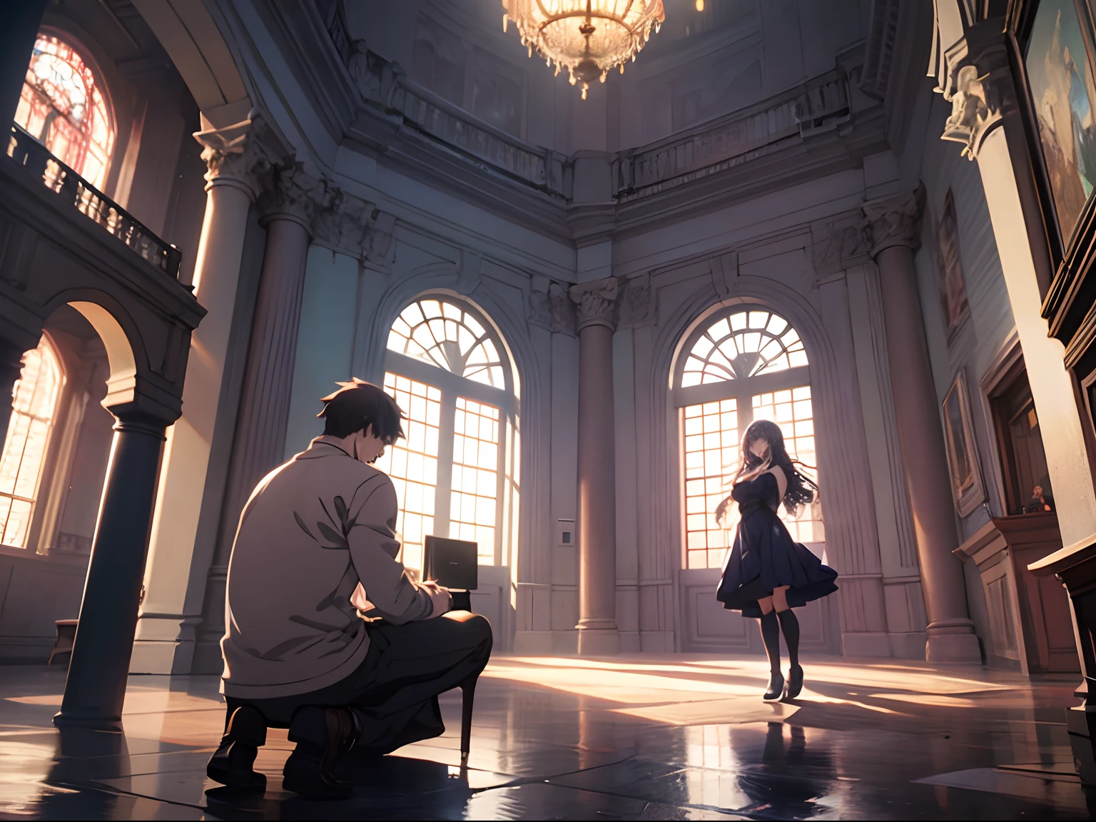 Inside the mansion，A boy，Single-painted kneeling，Propose to a girl，anime big breast, Cinematic lighting,  8K, Best quality, A high resolution，（full bodyesbian）（（full bodyesbian））