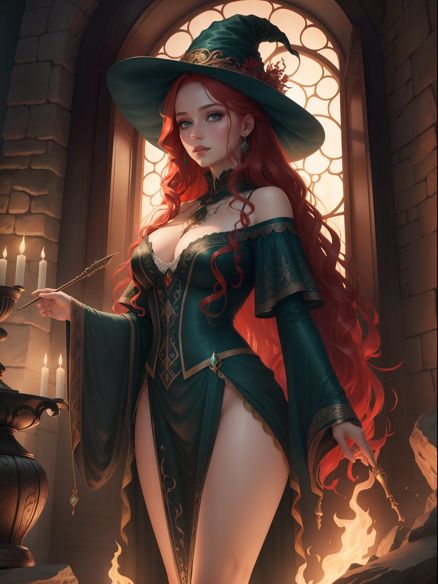 (best quality,4k,8k,highres,masterpiece:1.2),ultra-detailed,realistic,portrait,red-haired girl with very long and curly hair and green eyes, fair skin, in a fantasy setting. The girl is depicted nude, standing in front of a mesmerizing fire. She exudes a mysterious and enchanting aura, embodying the archetype of a witch. The composition highlights the intricate details of her fiery red hair, capturing the vibrant curls in dynamic motion. Her piercing green eyes captivate the viewers, drawing them closer to the magic within her. The play of light and shadow accentuates the contours of her face, revealing delicate features and beautifully detailed lips. The background showcases a fantastical landscape with mystical elements, immersing the girl in a realm of spells and incantations. The overall color palette incorporates warm tones, reminiscent of flickering flames and the magical atmosphere. The scene is bathed in ethereal lighting, accentuating the girl's enchanting presence and adding depth to the composition.