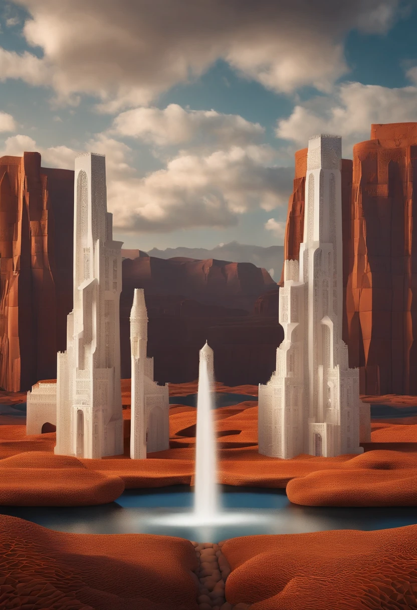 monument valley，optical illusions，cubismo，Yayoi Kusama，Escher's theory of relativity，iso-distance view,Dramaticlight,Translucent stereoscopic,Rich in color,Beautiful composition，tmasterpiece,Detailed details,k hd,Urban bridges，River forest