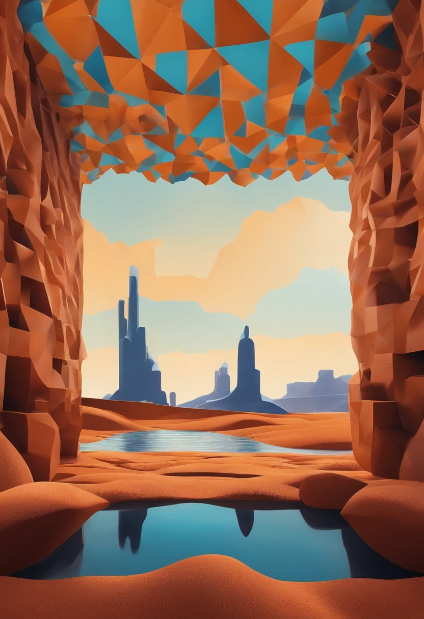 monument valley,optical illusions,cubismo,Yayoi Kusama,Escher's theory of relativity,iso-distance view,Dramaticlight,Translucent stereoscopic,Rich in color,Beautiful composition,tmasterpiece,Detailed details,k hd,Urban bridges,River forest