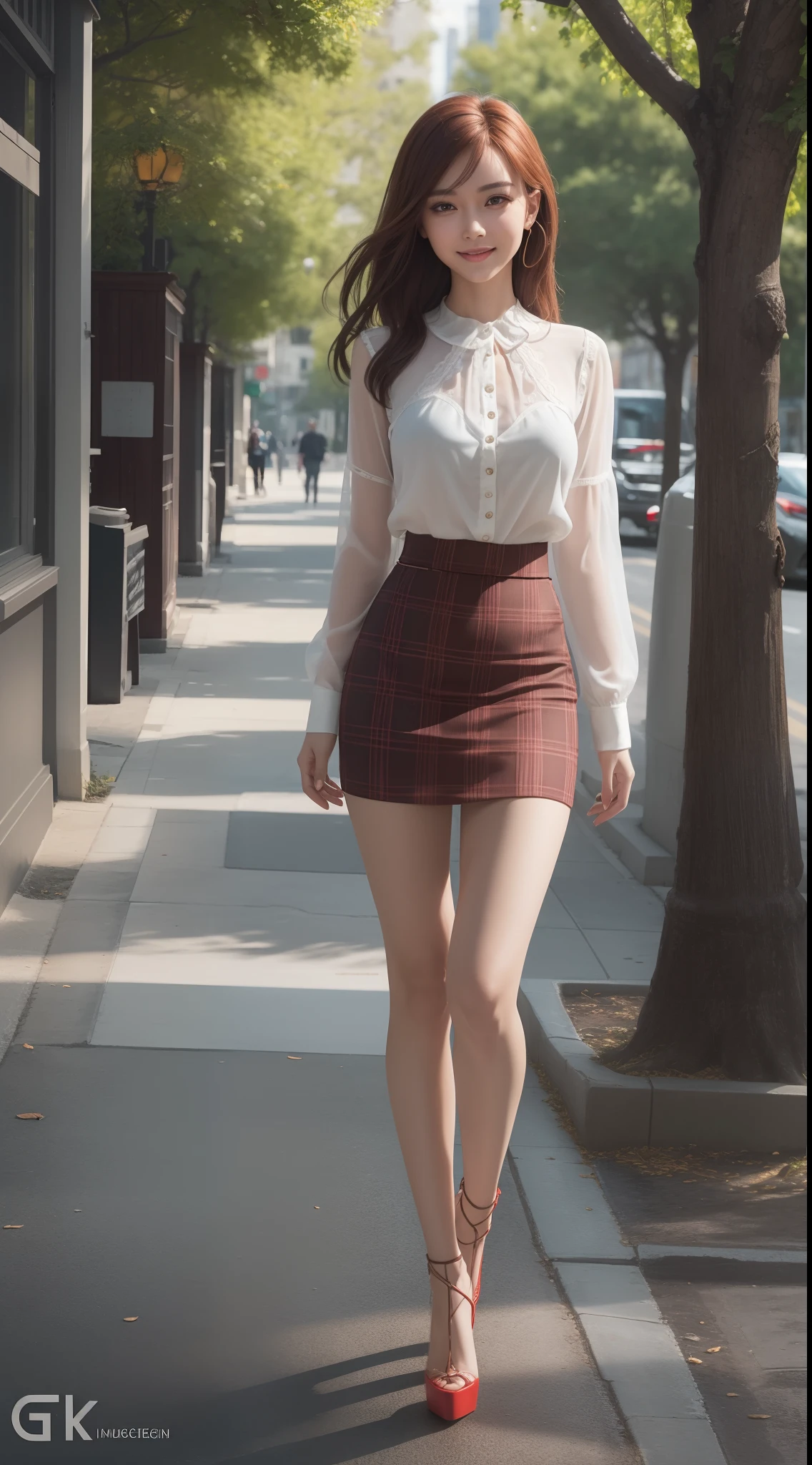 8k, masterpiece, RAW photo, best quality, photorealistic, extremely detailed CG unity 8k wallpaper, Depth of field, Cinematic Light, Lens Flare, Ray tracing, (extremely beautiful face, beautiful lips, beautiful eyes), intricate detail face, ((ultra detailed skin)) 1girl, in the dark, deep shadow, pretty asian girl, 1 girl, (very slim slender fit-muscled body:1.3), ((looking at viewer)),(big smile:1.3), (short skirt ), (red mini skirt ),clear eyes, walking , front shot, (pale skin), (big eyes), face forward, (red shirt), (brown hairs), ((laced blouse)),,(looking at viewer:1.3) very slim, medium breasts, (camel toe), laced black stockings, street, buildings, tree, sunny, (plaid skirt), (high heels), full body shot