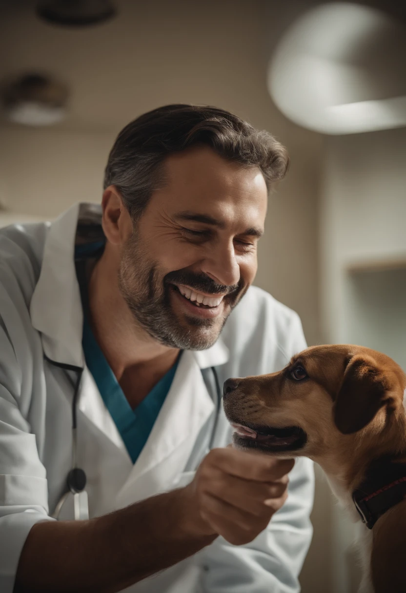 Veterinario mirando los dientes de un cachorro. The vet is in his 40s and smiling. El fondo de una consulta veterinaria