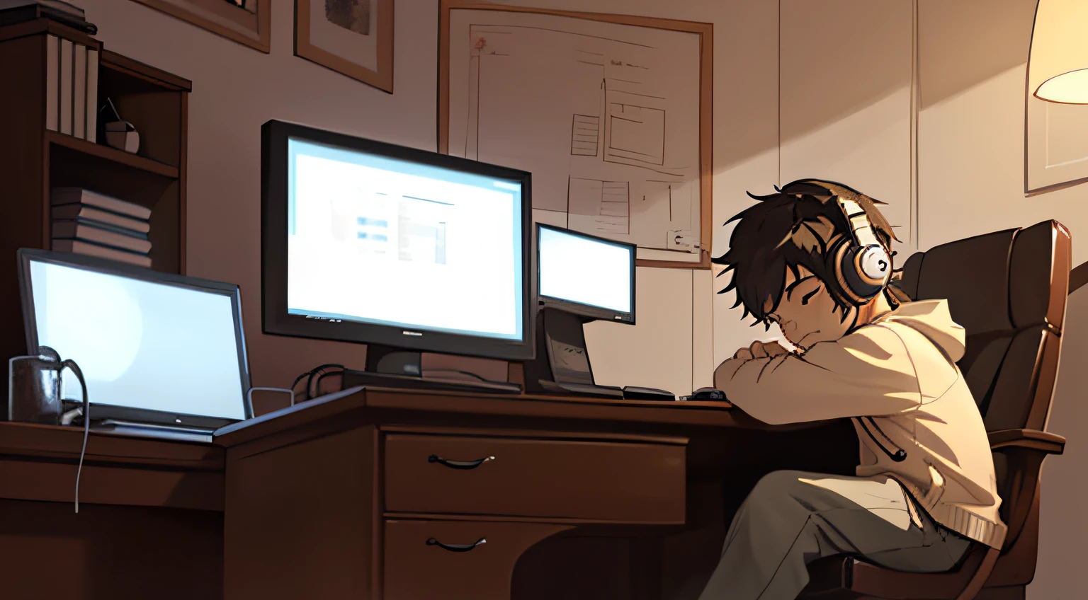 A sits at his desk studying,Listen to music with headphones on,Relaxing and comfortable atmosphere in a night room