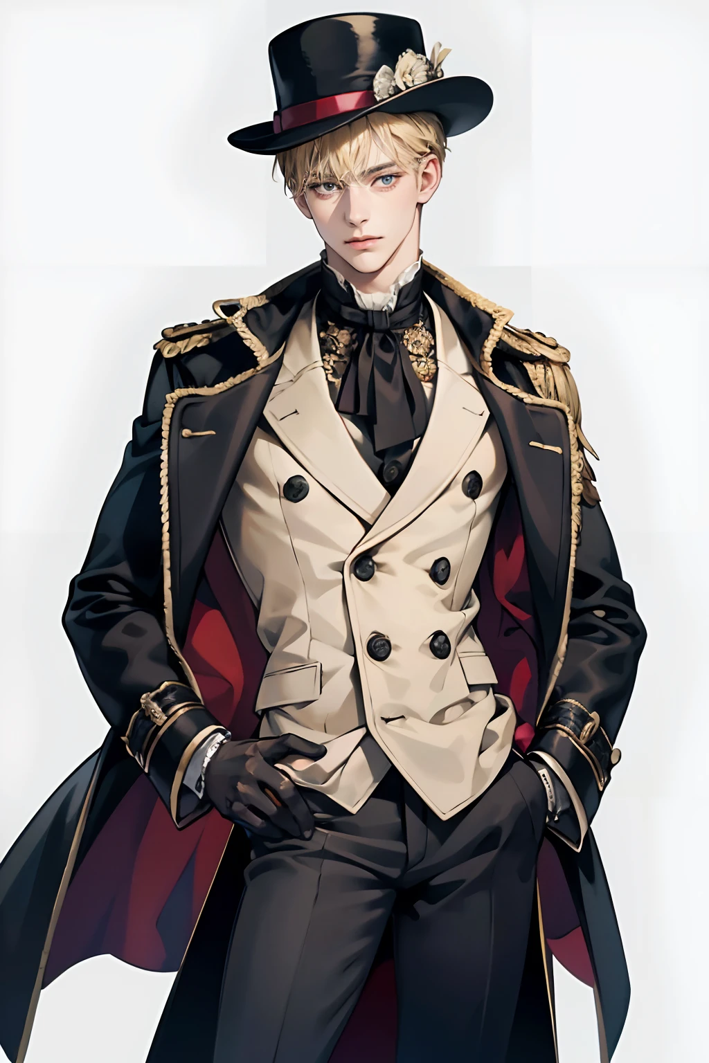 1 boy,Young male, perfect male body,look at the camera, Blonde hair, Victoria age clothes, coat, suit, Victorian era,Dressed in a classic overcoat and fedora hat with gloves,detective,