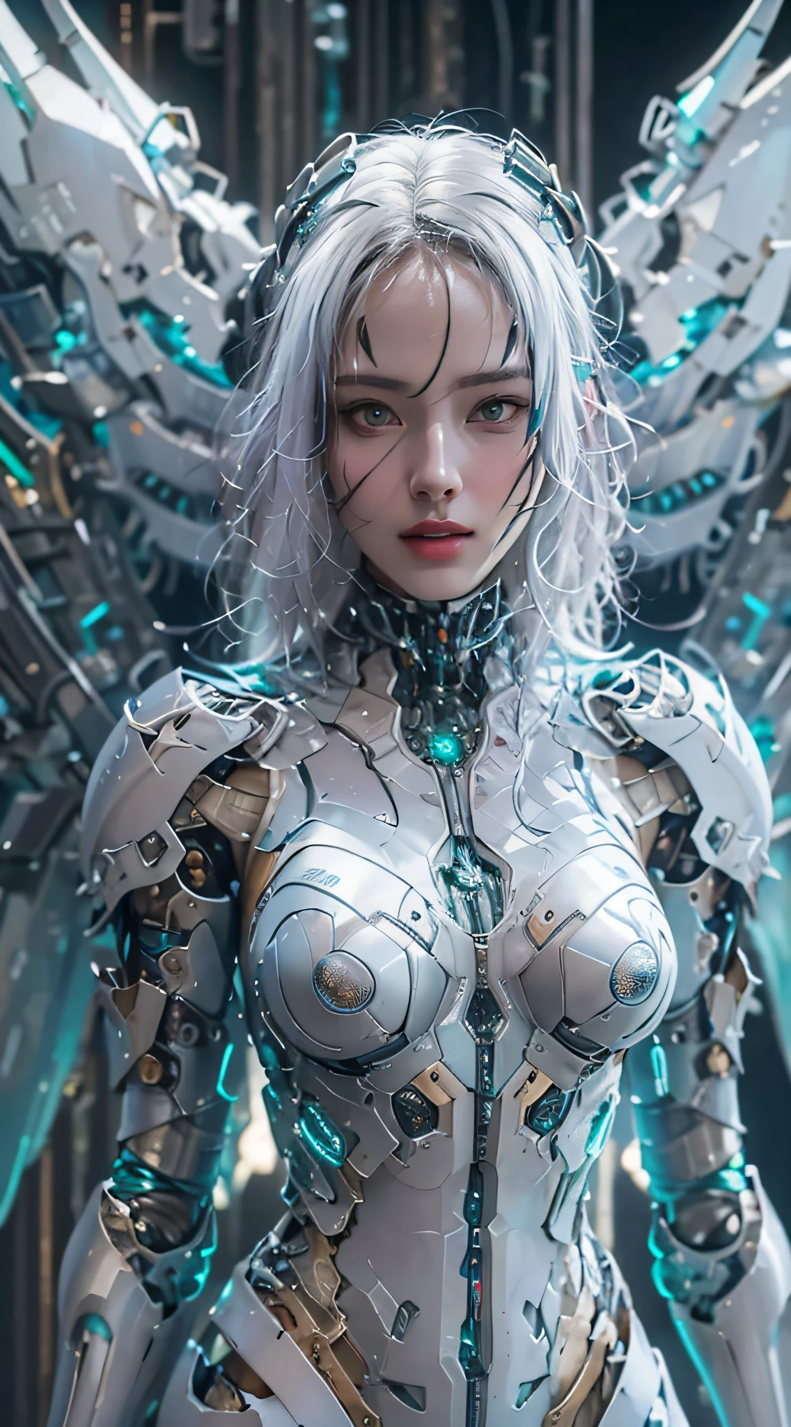 Top  Quality、​masterpiece、超High Resolution A、(Photorealcitic:1.4)、Raw foto、Cyborg Angel、Large wings made of metal、White porcelain body、white haired、wlop glossy skin、1 Cyborg Girl、((ultra-realistic detail))、portlate、Global Illumination、shadowy、octan render、8K、UltraSharp、Character edge light,tits huge、Raw skin is exposed to the valley、Detail of Intricate Ornaments、Transparent transparent part、Detailed hydraulic cylinders from Sumer、Compact LED lamps、highly intricate details、Realistic light、Purple eyes、luminous eyes、Facing the camera、neon details、cowboy shots、Futuristic headgear、About Cyberpunk、Female Elf Cyborg