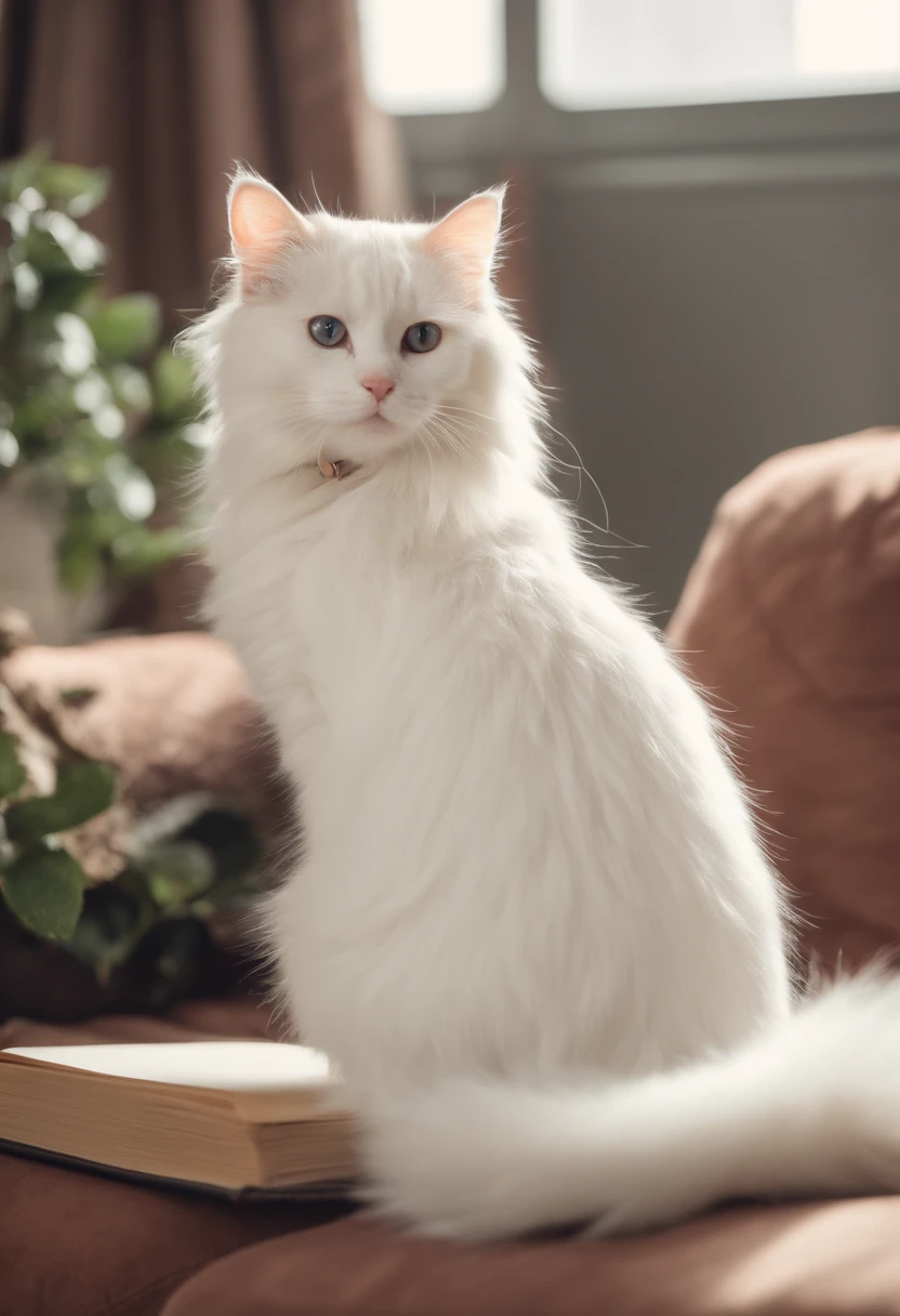 there is a cat on it, a cute little cat, The cutest kitten in history, Very beautiful and cute girl cat, Lewd and excited white cat, a cute little cat, Intelligent cat, an anthro cat, funny cat, cute kittens, And a sad cat. They read books on the couch、Sitting on a chair. They are relaxing after a hard day. They are wearing pajamas.