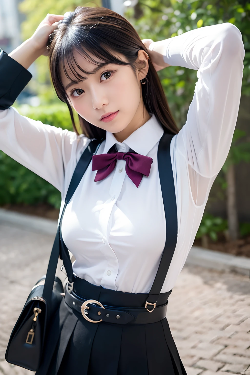 (masutepiece:1.2),High quality,vivd colour,flat-colors,Deep Depth Of Field,Lens Flare,1 girl,Black hair,eyecontact,Suit,Collared shirt,Belt bag,suspenders,Professional,Office Lady,Mature Women,Black mini skirt garterbelts knee high Stockings Black Niso Colorcon armpit sweat perspiring Side of both hands,Black jacket,Gaze,ample bosom,Armpit sweat,Exposing the armpits"Pichi Pichi clothes