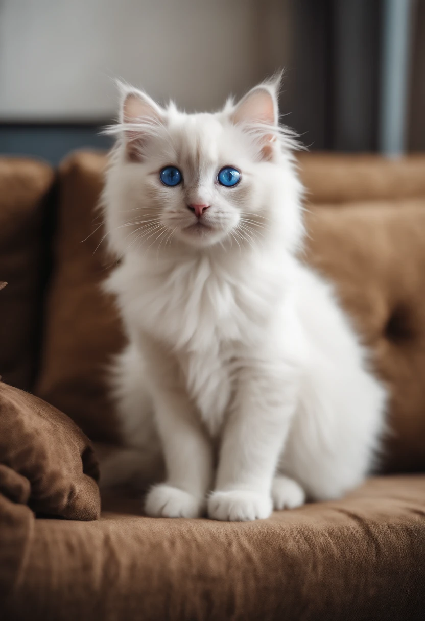 White ragdoll kitten with blue eyes and beautiful fur sitting on sofa. Kittens are interested in books、Affectionate.