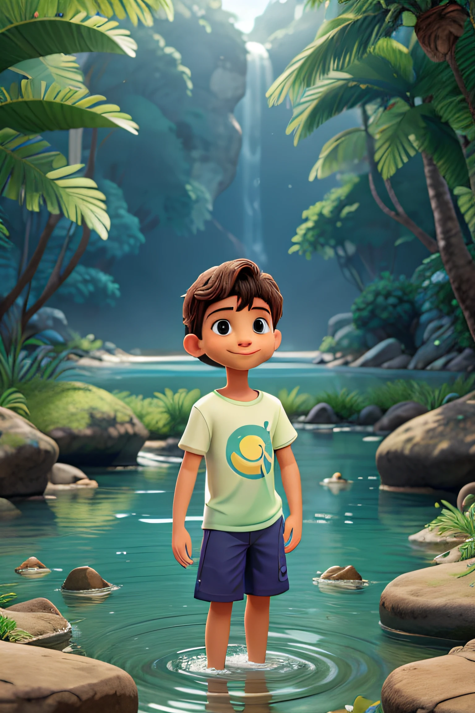 Disney, jovem com cerca de 20 anos de idade, flutuando suavemente em um rio tranquilo e cintilante. He's lying on his back, banhado pela luz suave e dourada do sol poente. Um sorriso sereno ilumina seu rosto, conveying a sense of joy and inner peace. Sua roupa consiste em roupas leves e arejadas, like a soft t-shirt and comfy shorts, and his feet are bare, Submerged in the crystal clear waters of the river. Ao redor dele, Lush vegetation and majestic trees create an environment of lush and magical nature. Colorful butterflies and birds fly gracefully in the air, Adding a touch of magic and charm to the scene. The reflection of the young man in the river creates a sense of serenity and harmony, destacando a beleza de se conectar com a natureza e o mundo ao seu redor