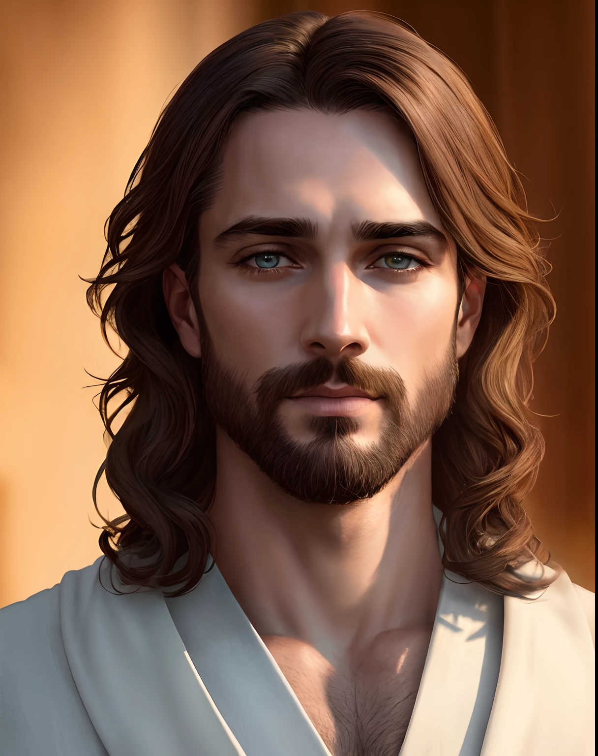 um close up de um homem com cabelos longos e barba, Jesus Cristo em Mass Effect, Jesus Cristo, Retrato de Jesus Cristo, rosto de jesus, bonito impressionante realista, jesus of nazareth, Greg Olsen, Tron legado Jesus Cristo, Tron legado Jesus, Nicodemos, handsome prince of persia, 8k portrait render, a christian jedi, Vestido como Jesus Cristo