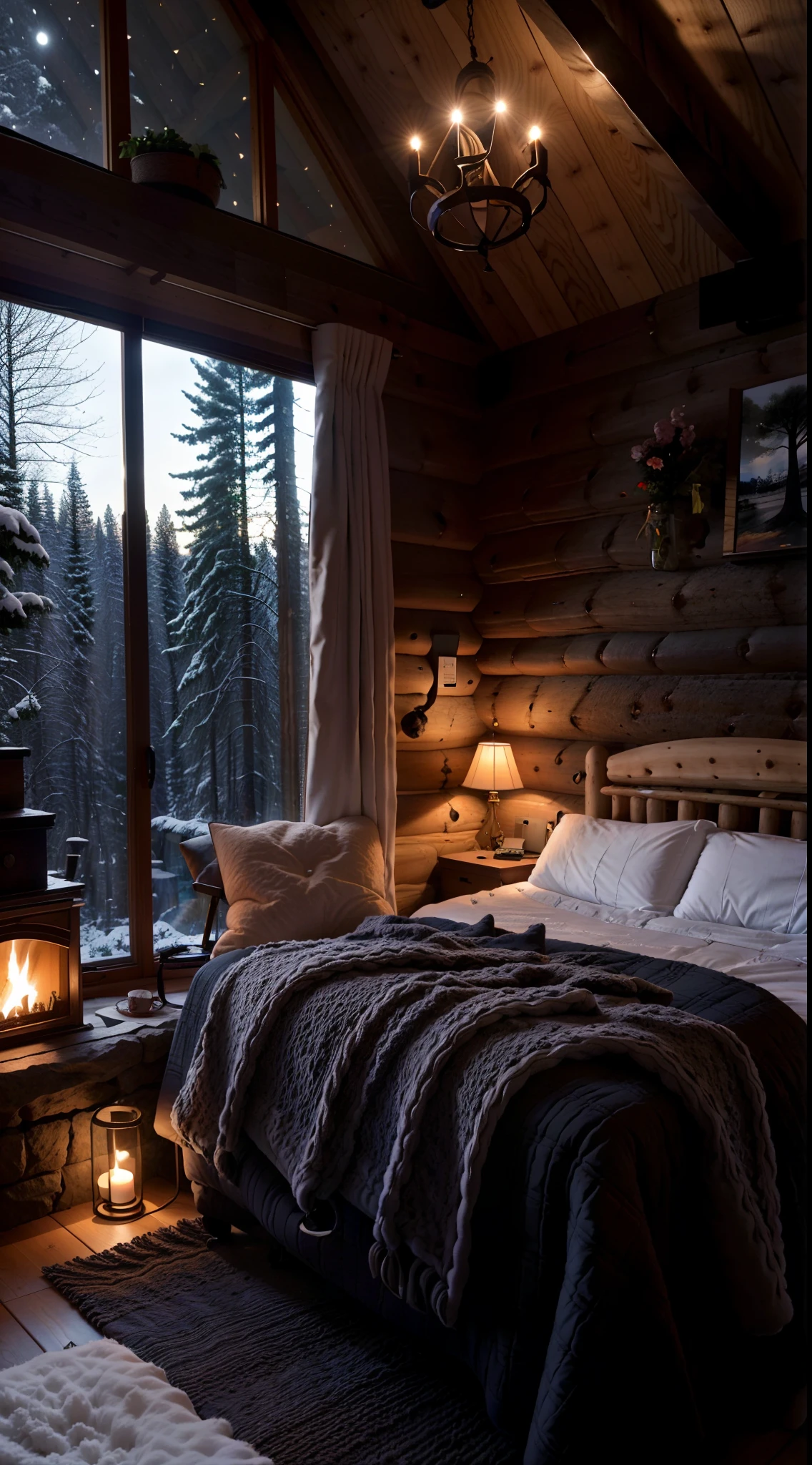 Arafeld bedroom with fireplace and large bed with pillows, the night，large windows to forest at night, Snow in the forest，cozy and peaceful atmosphere, cozy environment, Comfortable charming scene, cozy and calm, Lodge, luxurious environment, cozy environment, very cozy, luxurious wooden cottage, cozy room, Cosy, winter setting