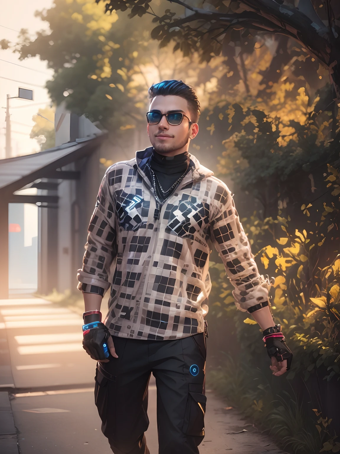 Change background cyberpunk handsome boy, realistic face, 8k, ultra realistic, same to same face, smile