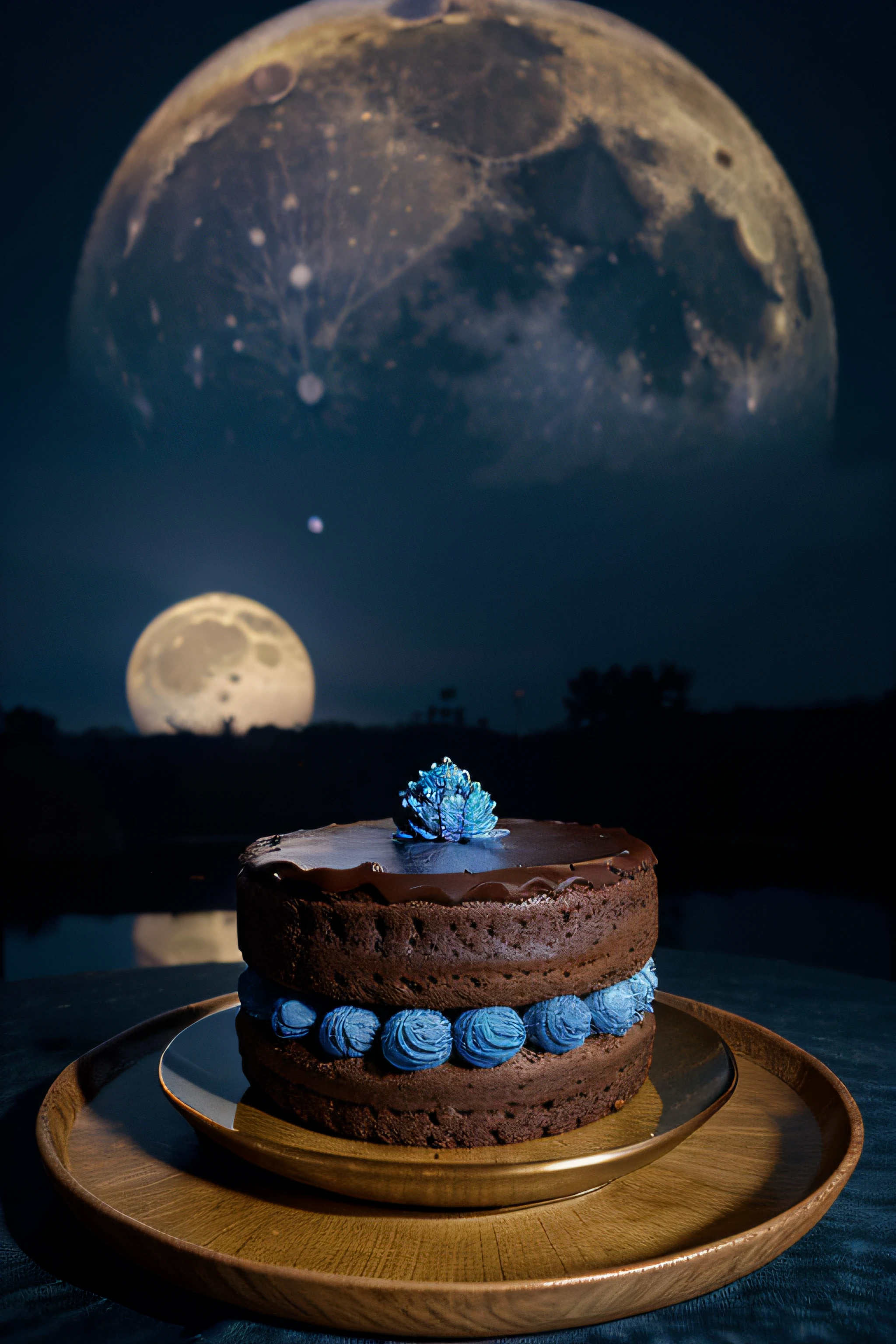 Masterpiece, Mid-Autumn Festival,delicacies{{Brownies cake}},Tea,Full moon in the distance,Background of blue gradient,Anatomically correct,High quality, Best quality, A high resolution, chinese background
