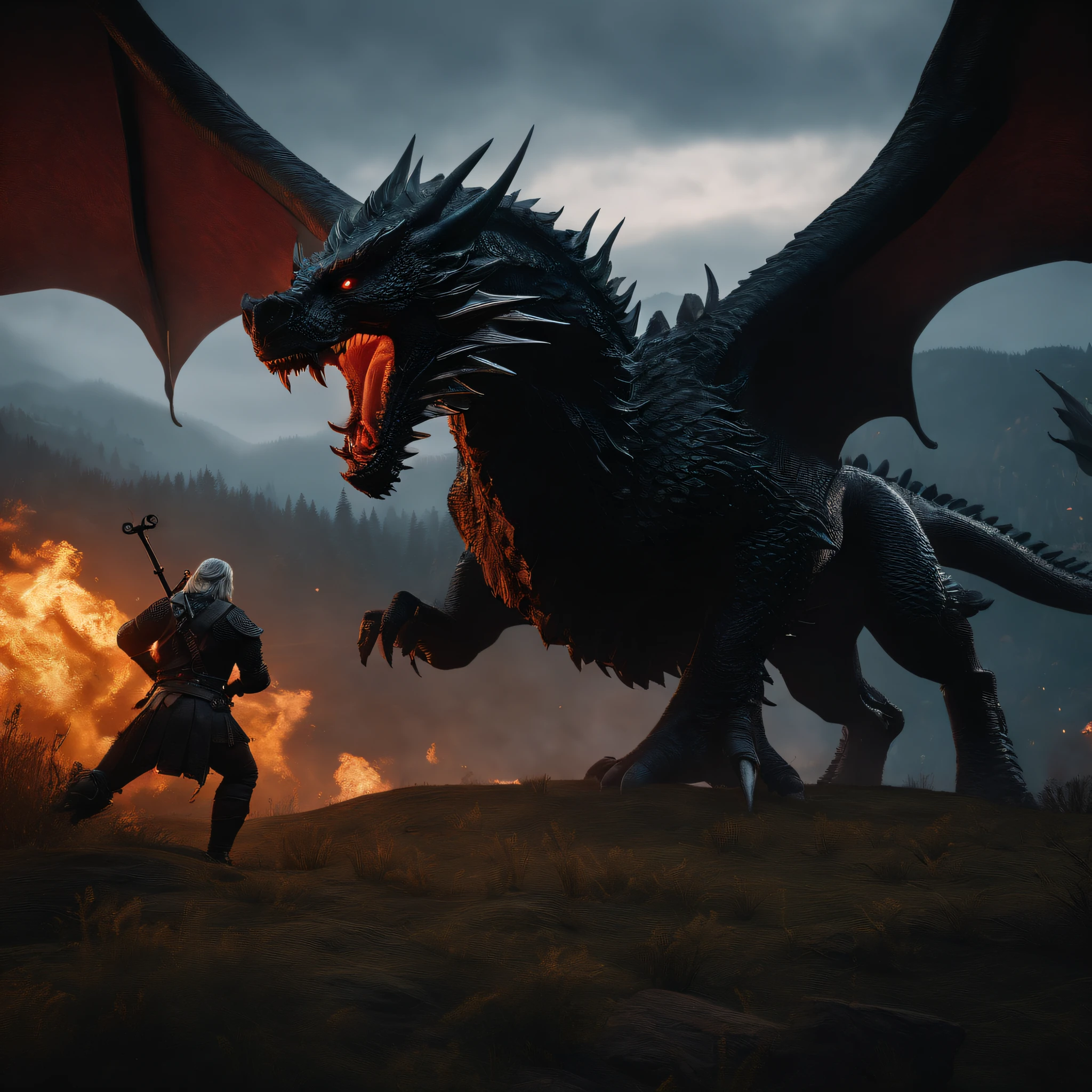 masterpiece, best quality, high quality, extremely detailed CG unity 8k wallpaper, Depth of Field, HDR, Photorealistic, extremely detailed, Intricate, High Detail, silhouettes of the Witcher fighting a dragon.