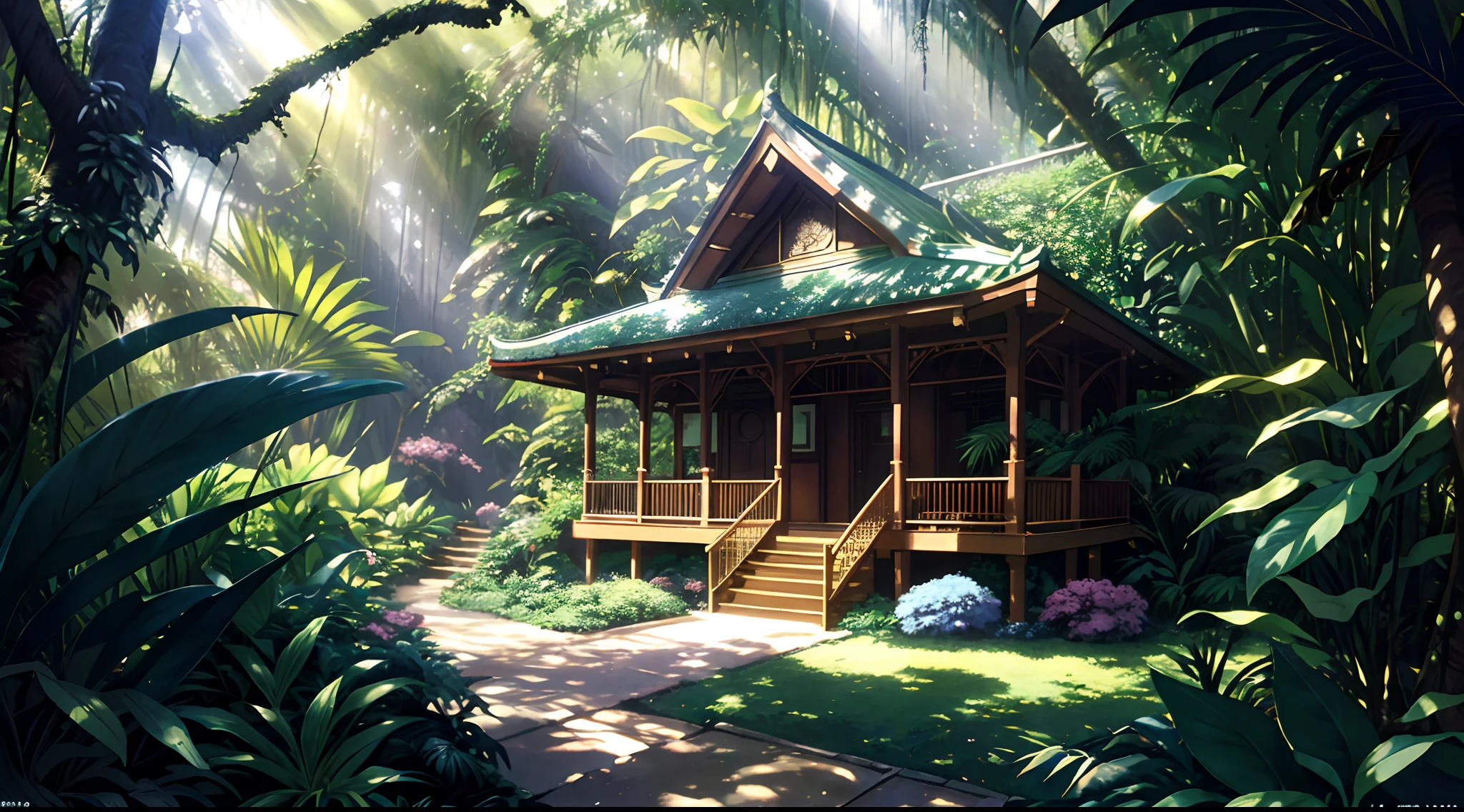 (1980s anime), detailed and intricate, of a house in a dense jungle filled with exotic plants and animals, the sunlight filtering through the canopy creating a dappled effect. In the style of Yoshitaka Amano and Hayao Miyazaki, masterpiece, proportional, detailed, trending on artstation, beautiful lighting, realistic, intricate, award winning, 4k, highest quality,beautiful lighting, absurdes, dynamic pose, masterpiece, absurdes, 4k, muted pastel colors, dynamic shadows