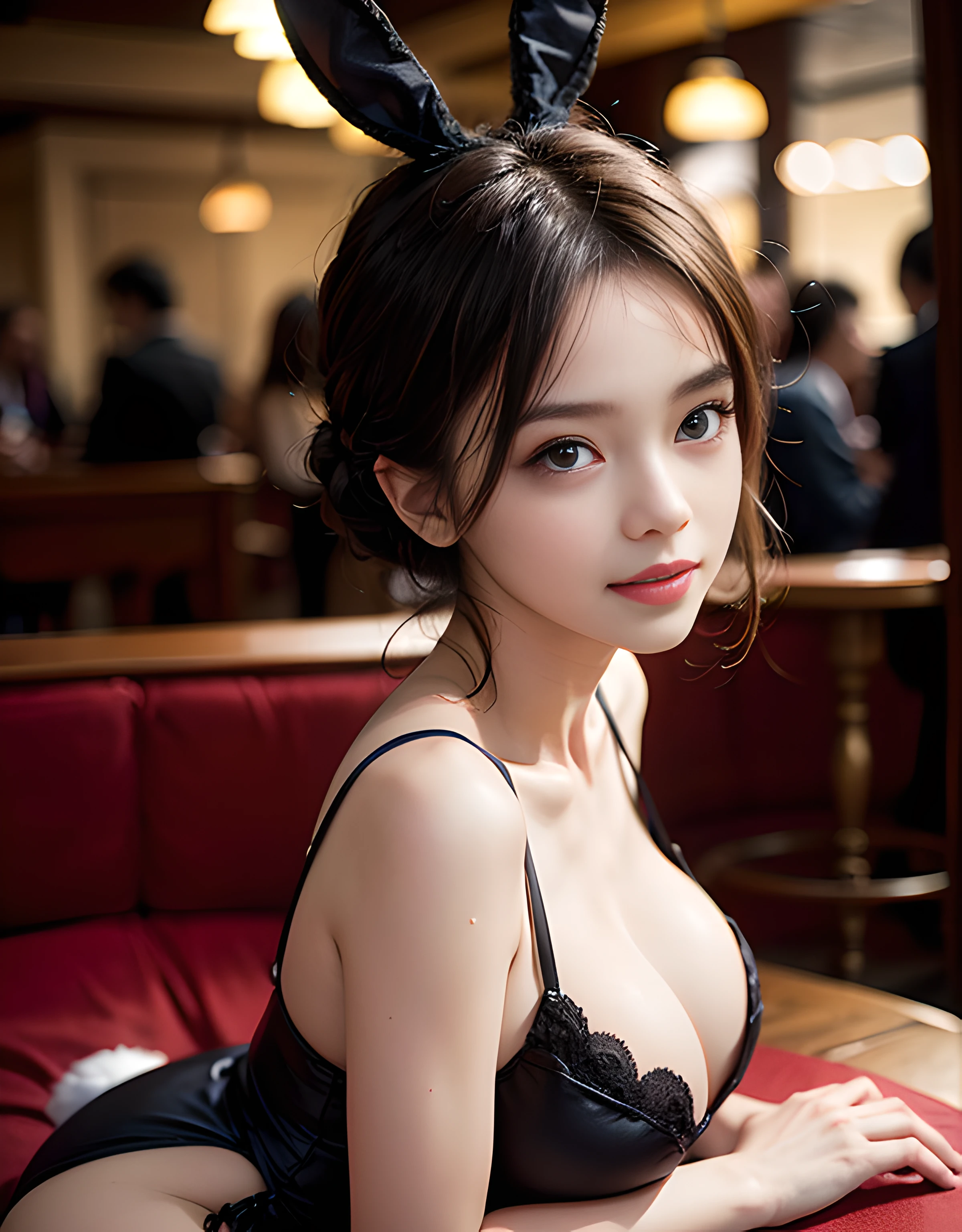 (8K high image quality), (top-quality), (RAW image quality),(masutepiece:1.2), (Realistic), (Photorealistic:1.37),,largeeyes,long eyelasher,so sexy,(Live-action realistic style),The Ultimate Face,Photorealistic light and shadow,Clear facial features,milky skin,Fair skin, highdetailskin,Realistic skin details,Visible Pore,(Super Detail),Hair length is random, ,Best portraits,Shot from a short distance, 1-girl,, Cute,Beautiful detailed eyes, beautiful detailed nose, highlydetailed skin ,(eyecontact),(Colossal tits、Breast Abundance)、(Beautiful face with double eyelids),((fullbody image)), (Realism: 1.4), Ultra-high resolution, (Show your best smile to the audience),delicate and beautiful face,18year old,(Beautiful Face 1.4),A slender, (Black Bunny Girl Costume:1.2),Shooting in a very bright casino,fishnet tights,Beautiful legs,((Facial expressions that captivate the viewer)),on her back