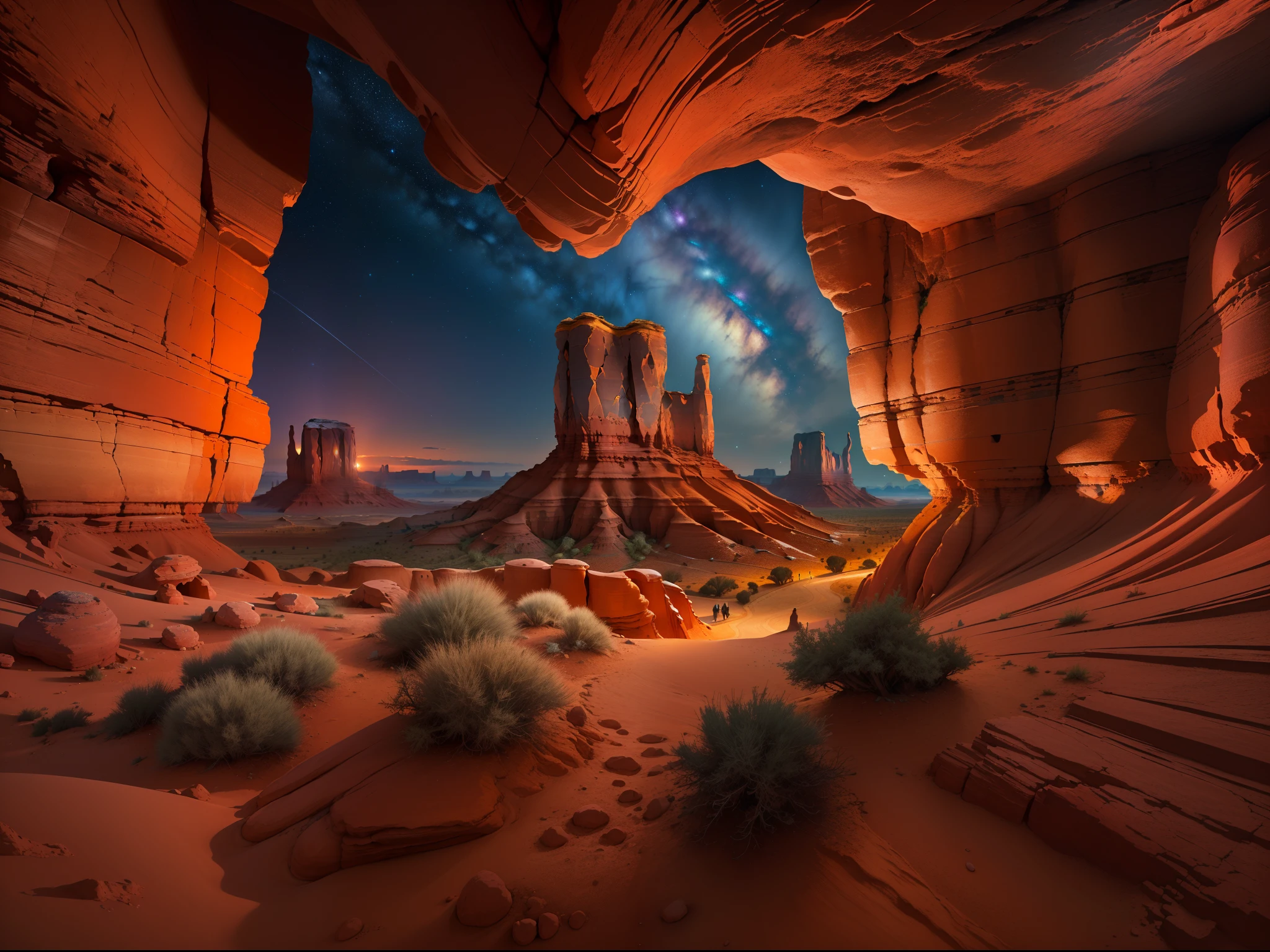 (Best quality,4K,A high resolution,Masterpiece:1.2),Artistic,Natural scenery,Stunning landscapes,Photography,Under the night sky (monument valley, Tsé Bii Ndzisgaii),(Huge sandstone formations, towering rock),geomerty，