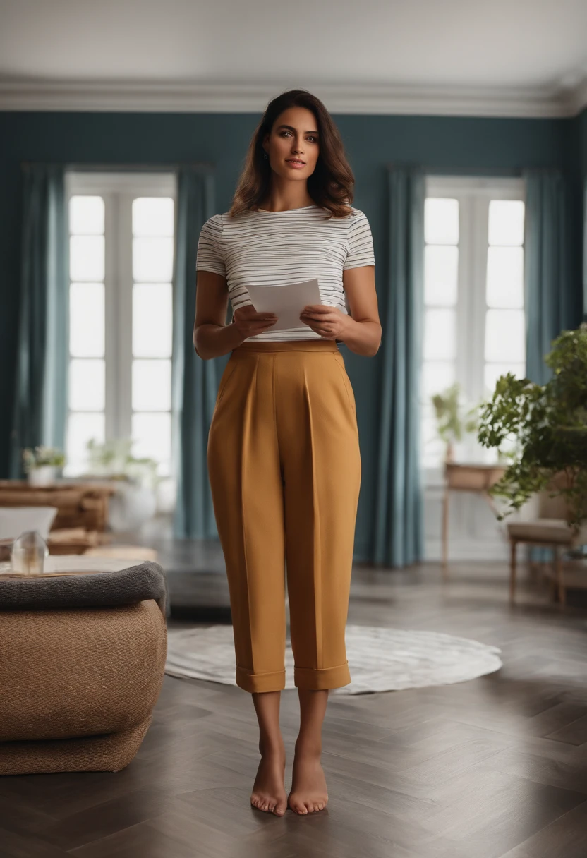 Create an image of a 30-year-old woman standing in her living room, holding a piece of paper that reads 'Daniela', daniela_loaiza23 avec le code 429906'. Make sure the woman's head and the hand holding the paper are clearly visible in the frame. She has long wavy black hair. The ambience of the room is warm and welcoming.