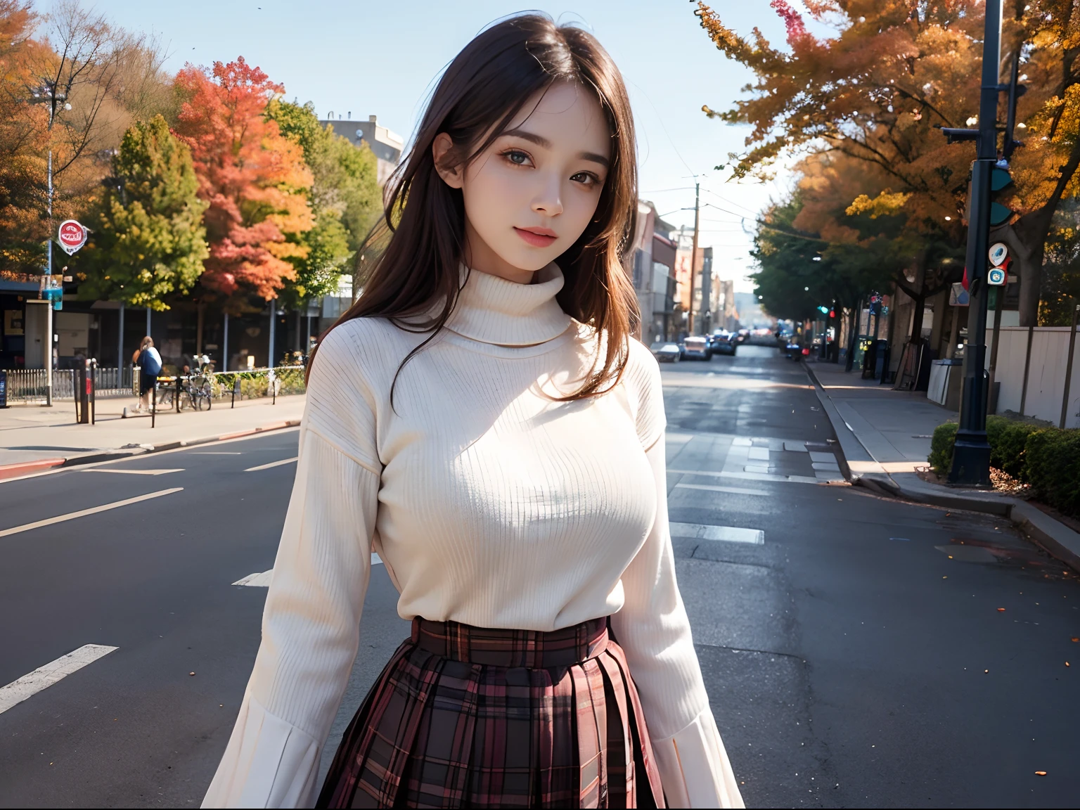 (8K high image quality), (top-quality), (Original image quality),(masutepiece:1.2), (Realistic), (Photorealistic:1.37), Goose egg face,largeeyes,long eyelasher,Exquisite（live-action realistic style）,The ultimate face,Photorealistic light and shadow,Clear facial features,Milky skin,Fair skin, highdetailskin,Realistic skin details,Visible Pore,（Super detail）,Hair length is random, （Flowing hair）,Take the best portraits,Shoot from a short distance,Ultra-detailed, 1-girl, Cute,Beautiful detailed eyes, Beautiful detailed nose, highlydetailed skin,full bodyesbian ,(Eye contact),(Colossal tits、breast enhancement)、(Beautiful face with double eyelids),((Full-body image)), (Realism: 1.4),High image quality, Excellent details, Ultra-high resolution, (Show your best smile to the audience), , favor details, High condensation,Delicate and beautiful face,,20yr old,(Beautiful Face 1.4),slenderness, (Long knitted sweater with high neck:1.2)、(Plaid pleated skirt:1.2),((Do not slip the hem of the sweater into the skirt、longer sleeves:1.2)),((Autumn view)),shooting in the city,(This is a full-body shot.),The color of the sweater is random,The color of the skirt is random