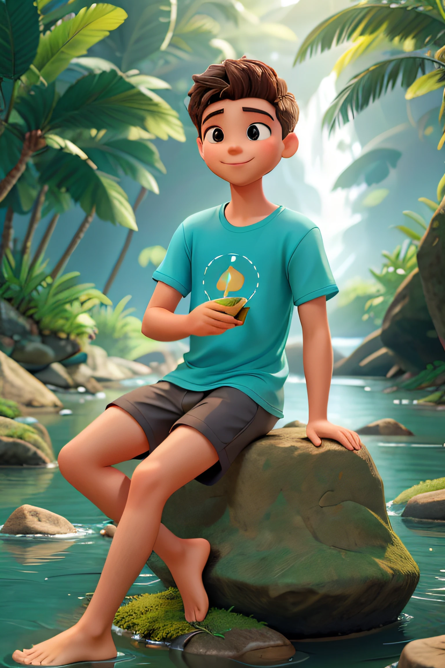 Disney, jovem com cerca de 20 anos de idade, flutuando suavemente em um rio tranquilo e cintilante. He's lying on his back, banhado pela luz suave e dourada do sol poente. Um sorriso sereno ilumina seu rosto, conveying a sense of joy and inner peace. Sua roupa consiste em roupas leves e arejadas, like a soft t-shirt and comfy shorts, and his feet are bare, Submerged in the crystal clear waters of the river. Ao redor dele, Lush vegetation and majestic trees create an environment of lush and magical nature. Colorful butterflies and birds fly gracefully in the air, Adding a touch of magic and charm to the scene. The reflection of the young man in the river creates a sense of serenity and harmony, destacando a beleza de se conectar com a natureza e o mundo ao seu redor