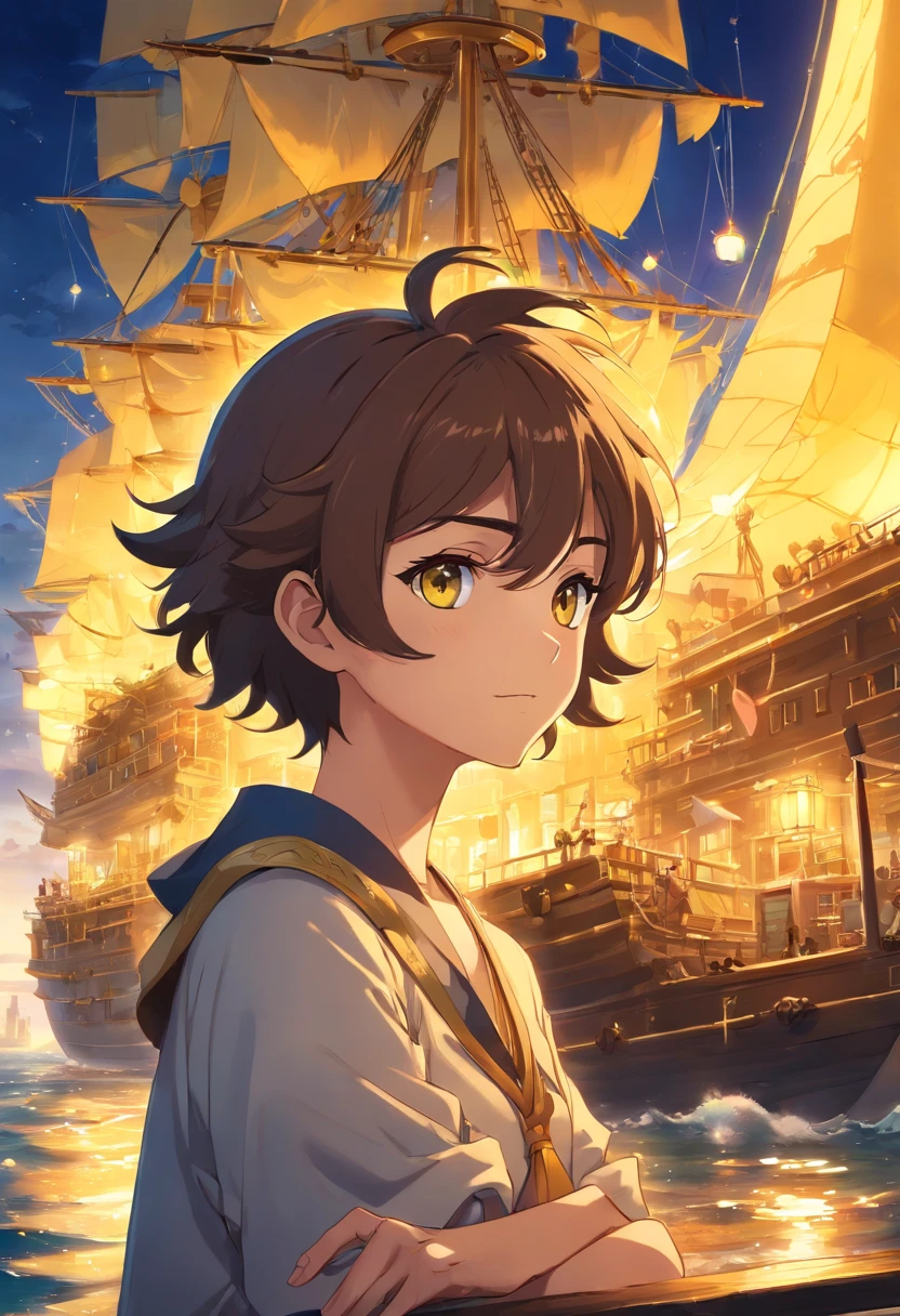 melhor qulaity, obra-prima, Ultra-detalhado, ultra-high-resolution CG unit wallpaper, best illustration, Um extremamente heroico, Homem de 36 anos, Espada nas costas, Cabelo loiro curto, Barba cheia, loiro, Pirata com armadura de ouro no estilo do anime saint seiya, Cubo acima do olho direito, Sits in front of a pirate ship in a port city, It's surrounded by yellow sacred light.