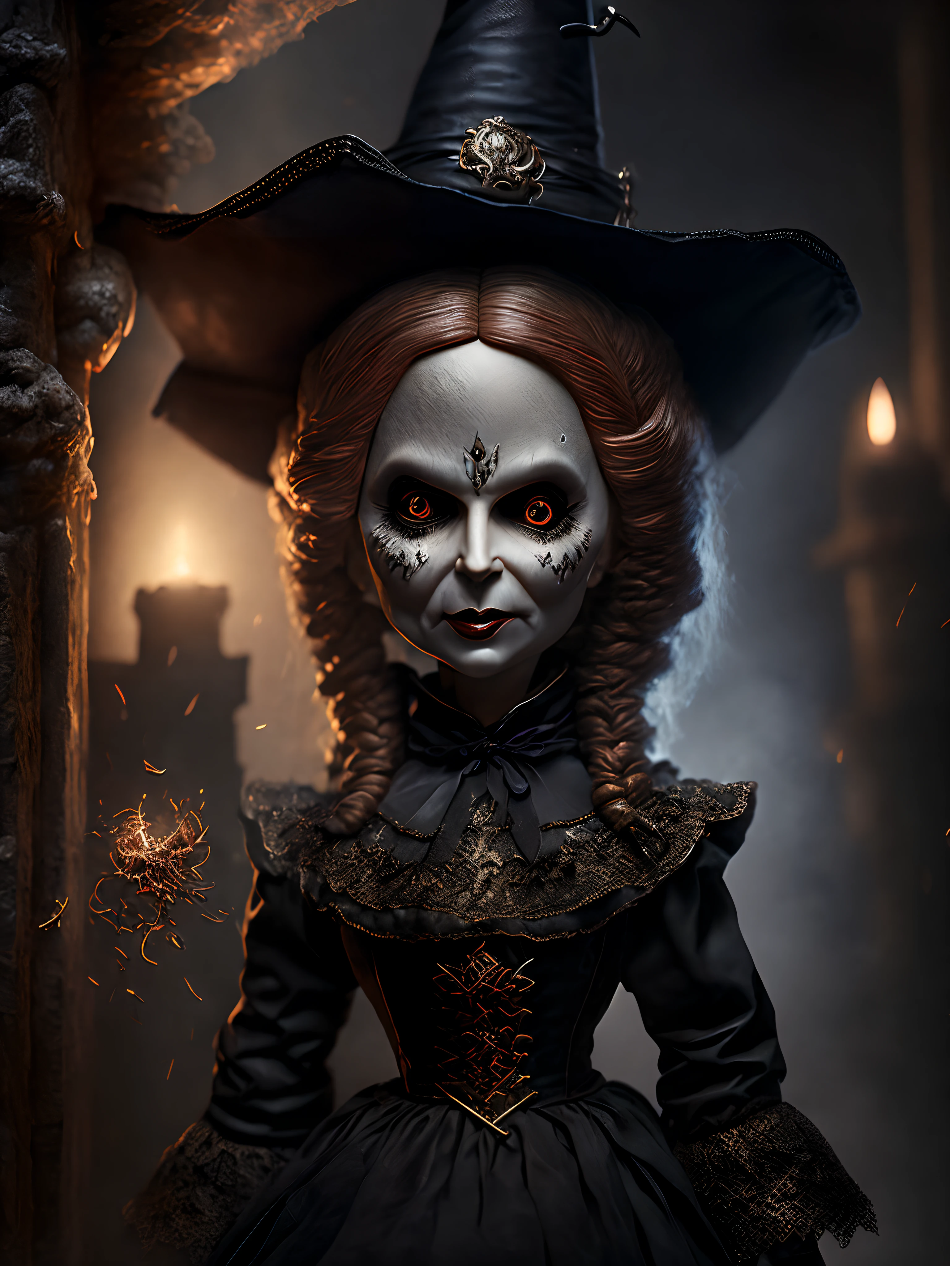 Close-up (  Annabelle doll as a witch from Annabelle in Goth style: 1.3) emerging from the witches castle, extremely detailed, smoke, sparks, metal shavings, flying debris, volumetric light