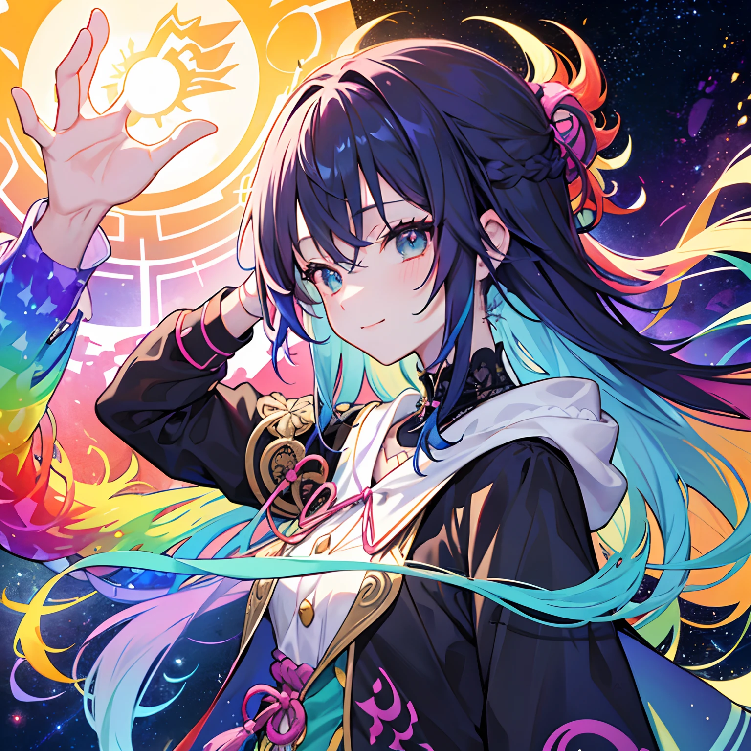 (masterpiece、top-quality、top-quality)、Official art、Beautifully Aesthetic:1.2)、(1girl in:1.3)、(Fractal Art:1.3)、A slight smil、The upper part of the body、street of Shibuya、(((Delicat eyes)))From Side、looking at the viewers、patterns、(rainbow-colored hair、colourful hair、African Ink、clouds、starrysky、stele、Splashes of bright colors