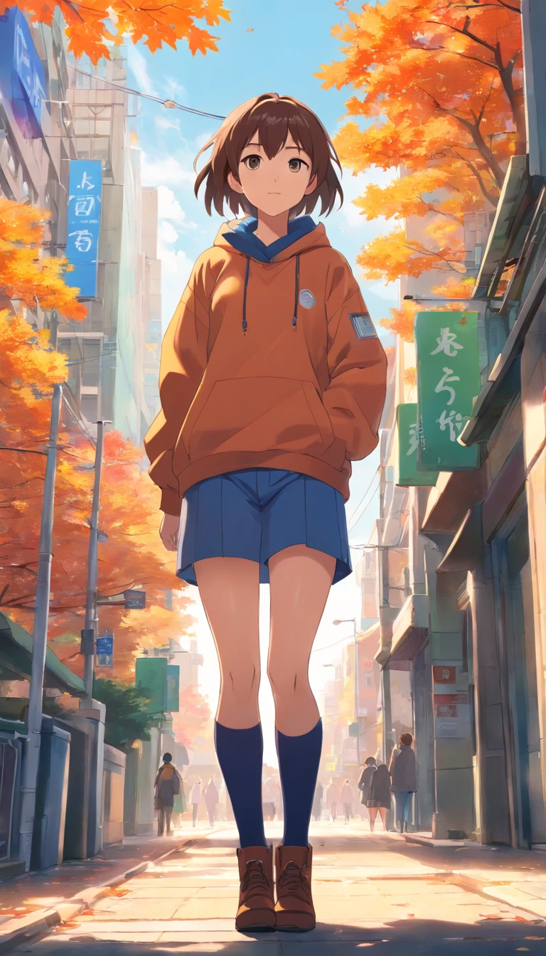 best qualtiy, tmasterpiece, 超高分辨率, realisticlying, 1 girl, White velvet cap,Fleece sweatshirt,Thick leg socks,tigh-high boots,Autumn leaves,The city is full of people,Confused eyes,wide angles
