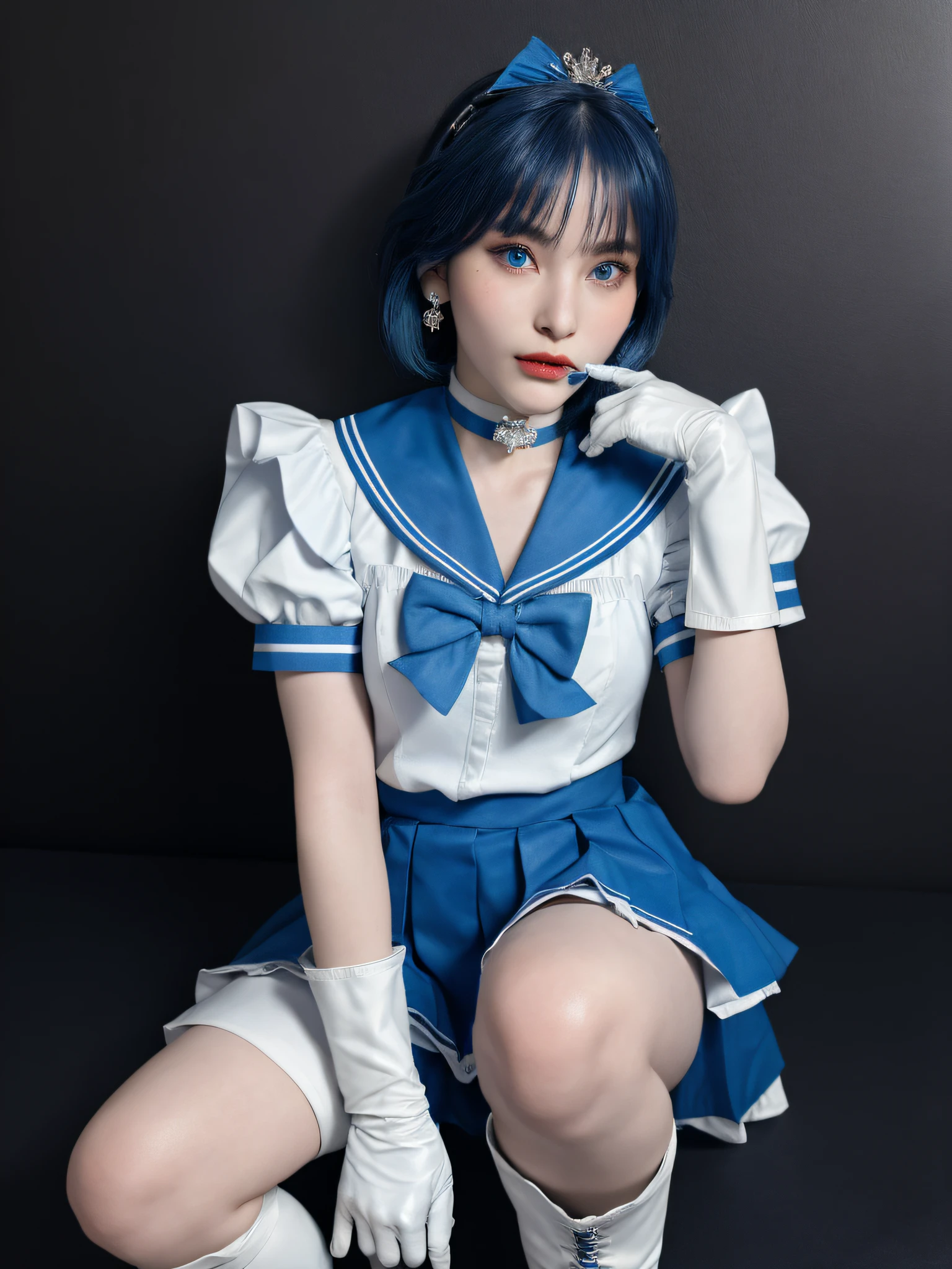 1girl,breasts,gloves,lips,solo,sailor mercury,blue eyes,smuniform,mer1,tiara,sailor senshi uniform,(RAW photo, best quality),masterpiece,absurdres,sexy,floating short blue hair,blue sailor collar,bow,(knee boots:1.1),choker,white gloves,blue choker,elbow gloves,jewelry,earrings,blue skirt,sole,full body,blue hair,(prefect drawn hands):3.8,octane rendering,godness of water, (close up:1.2) finely detailed beautiful eyes, close-up, small eyes, look at viewer, to8contrast style, in a dark room, two tone lighting, octane lineart, monochrome,