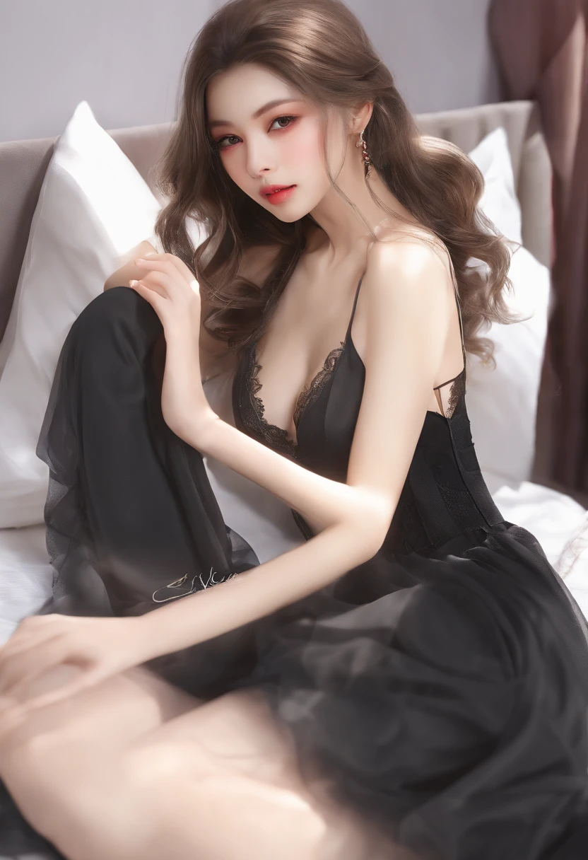 Beauty, Hidden Face, 1 Girl, Beauty: 1.3, Slender Abs: 1.1, Camisole Vest, Long Brunette Hair, (Sitting on the Bed), Ultra-detailed Face, Highly Detailed Lips, Detailed Eyes, Double Eyelids