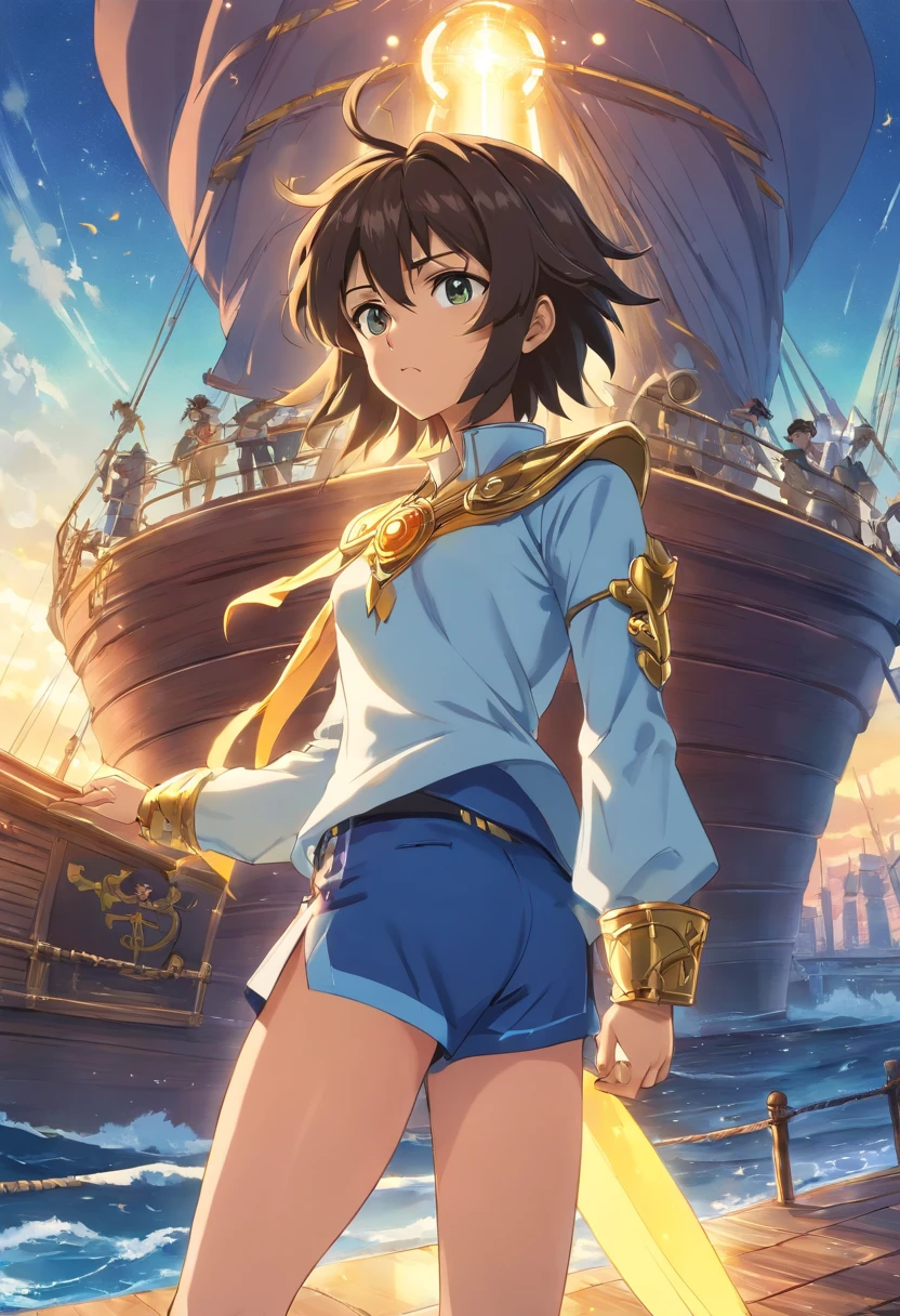 melhor quality, obra-prima, ultra-detalhado, ultra-high resolution CG unit wallpaper, best illustration, Um extremamente heroico, homem de 36 anos, espada nas costas, Cabelo loiro curto, barba cheia, loiro, Pirata com armadura de ouro no estilo do anime saint seiya, Cubo acima do olho direito, Sits in front of a pirate ship in a port city, It's surrounded by yellow sacred light.