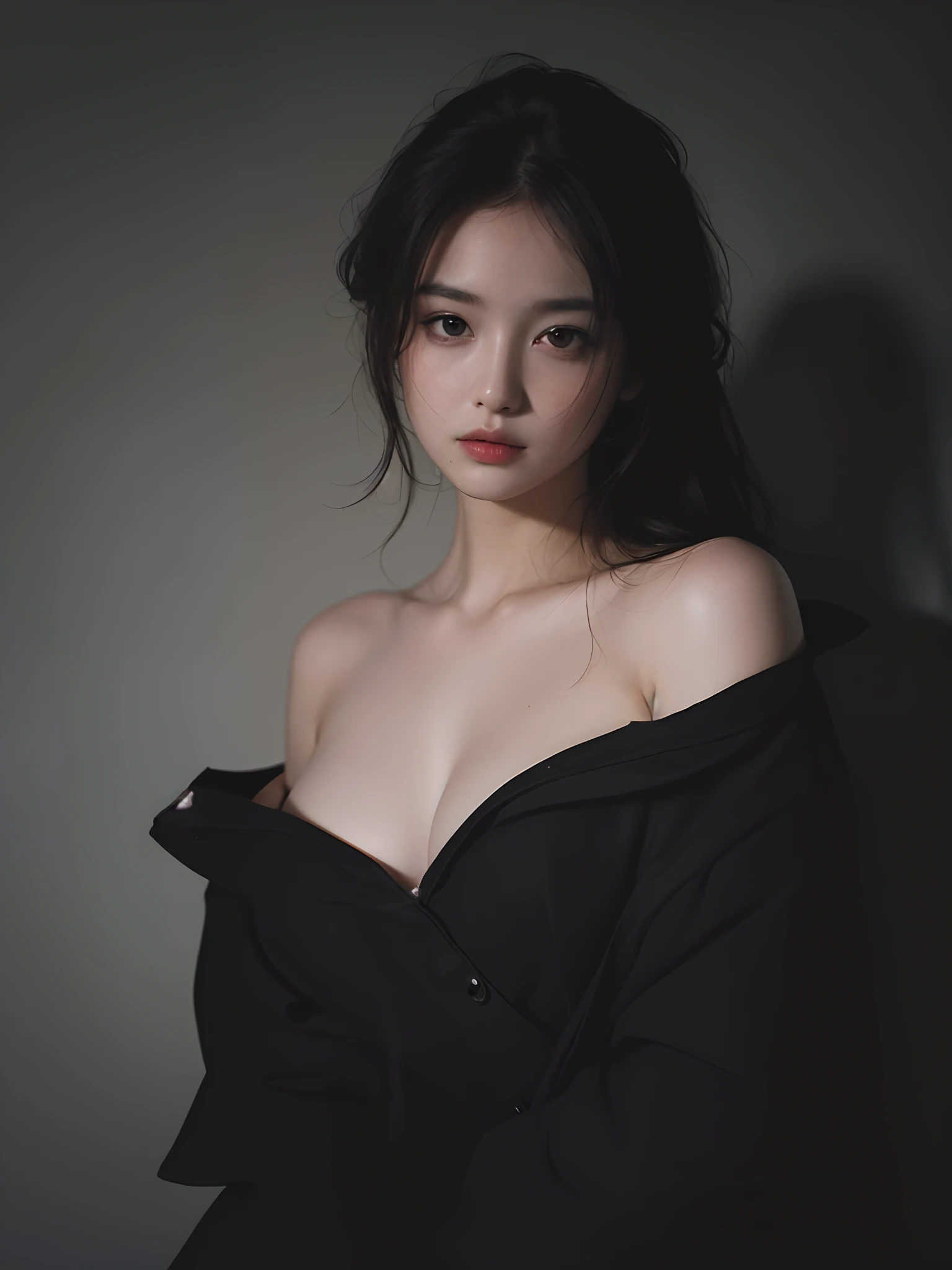 Best quality, masterpiece, ultra high res, (photorealistic:1.4), raw photo, 1girl, offshoulder, in the dark, deep shadow, low key, cold light