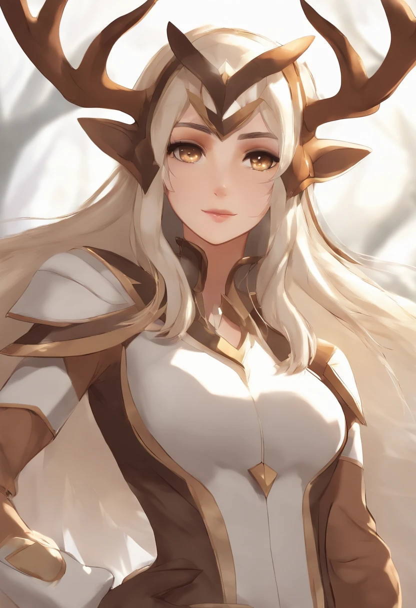 A huge gorgeous detailed anime picture ((White and brown)) Females are similar ((Pokemon Xenias)) with ((Deep brown eyes)) Detached from its body,Like armor, it exudes a dangerous aura,Lower the antlers while looking at the camera