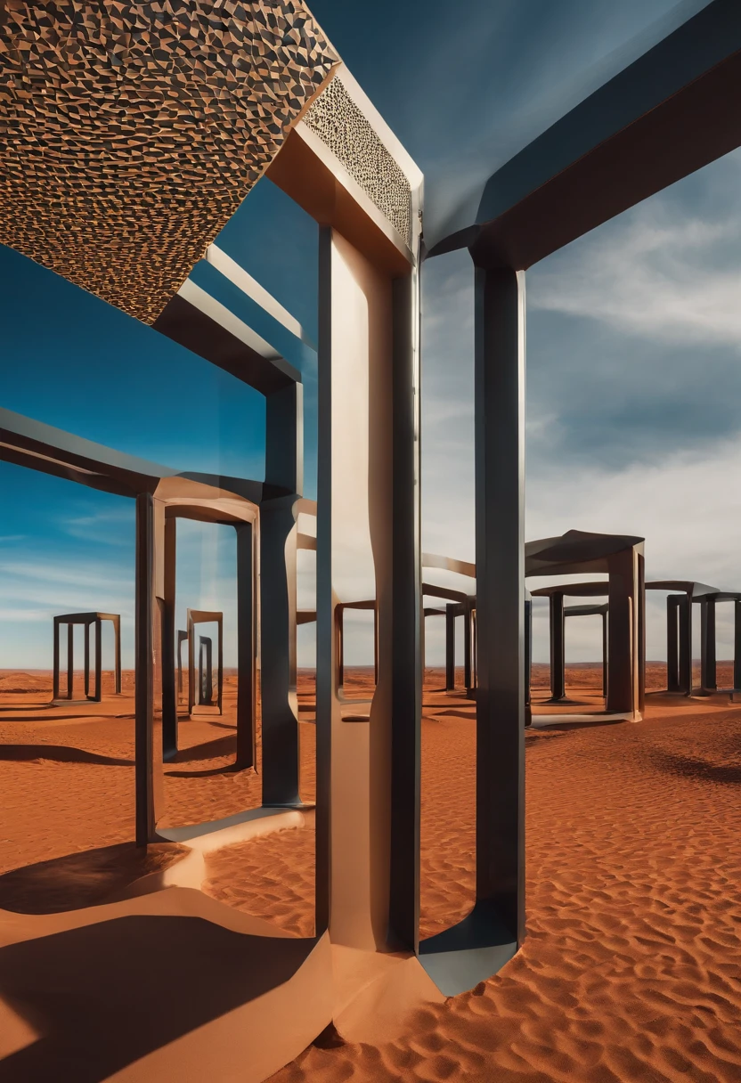 monument valley，optical illusions，cubismo，Yayoi Kusama，Escher's theory of relativity，iso-distance view,Dramaticlight,Translucent stereoscopic,Rich in color,Beautiful composition，tmasterpiece,Detailed details,k hd,Urban bridges，River forest